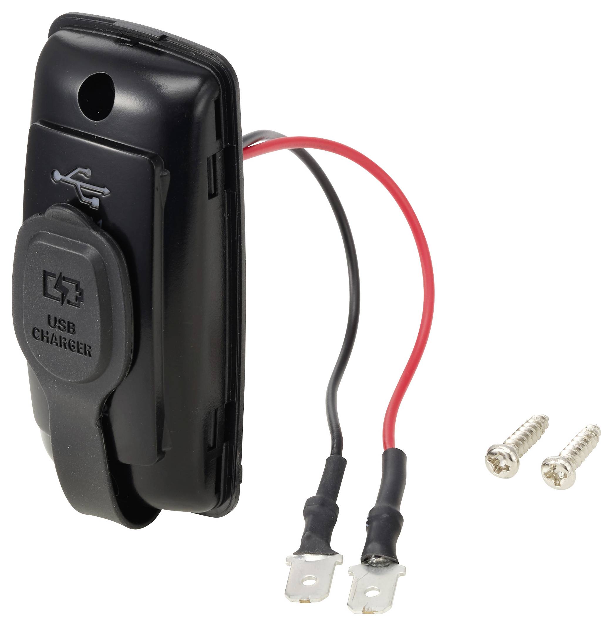 Schwarzes USB-Ladegerät-Zubehör mit roten und schwarzen Drähten und zwei Befestigungsschrauben.