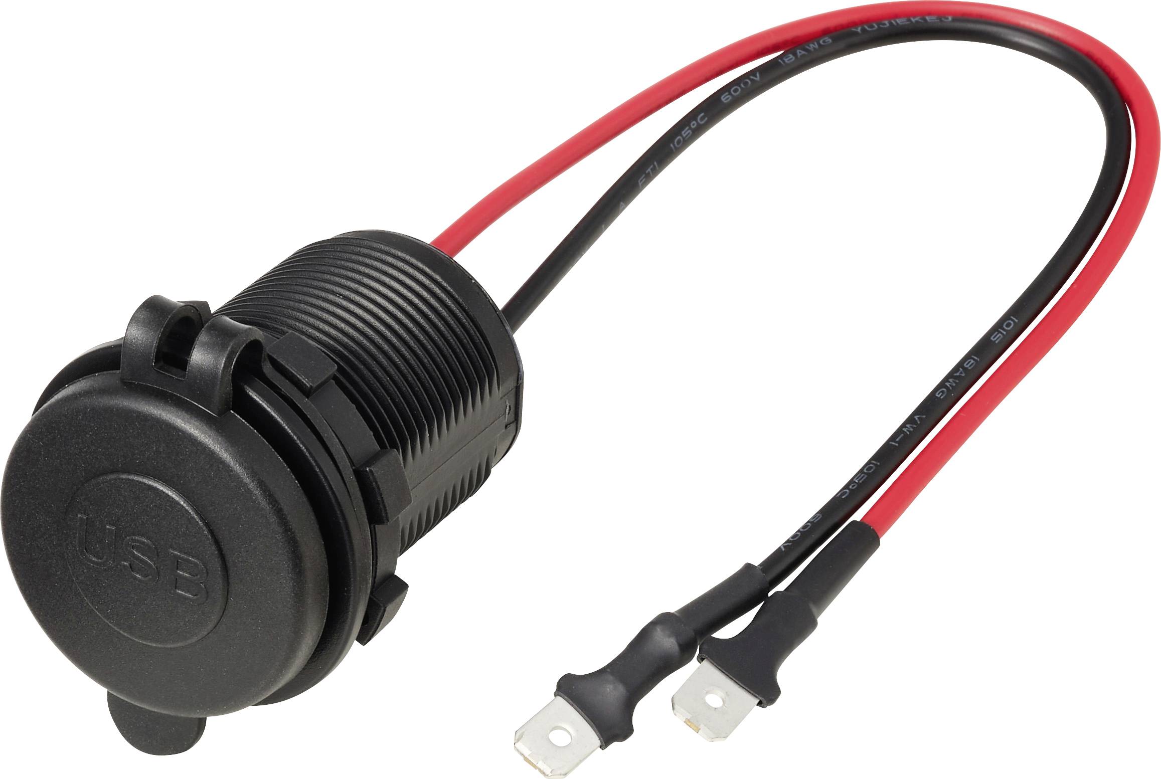 Wasserdichte USB-Buchse mit roten und schwarzen Stromkabeln und Ringösen für Fahrzeug- oder Marineleitungen.