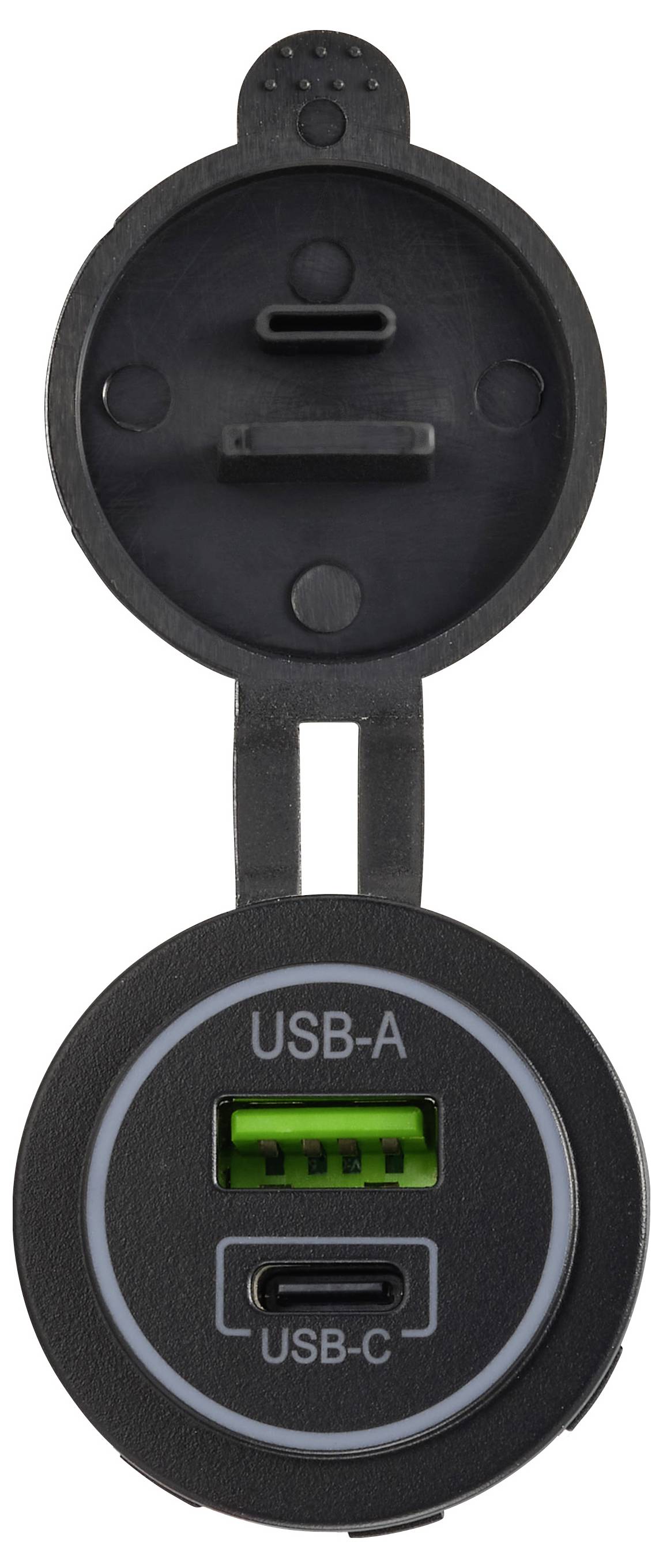 Schwarzes rundes USB-Ladepanel mit einem USB-A-Anschluss und USB-C-Anschluss, Frontansicht auf weißem Hintergrund dargestellt.