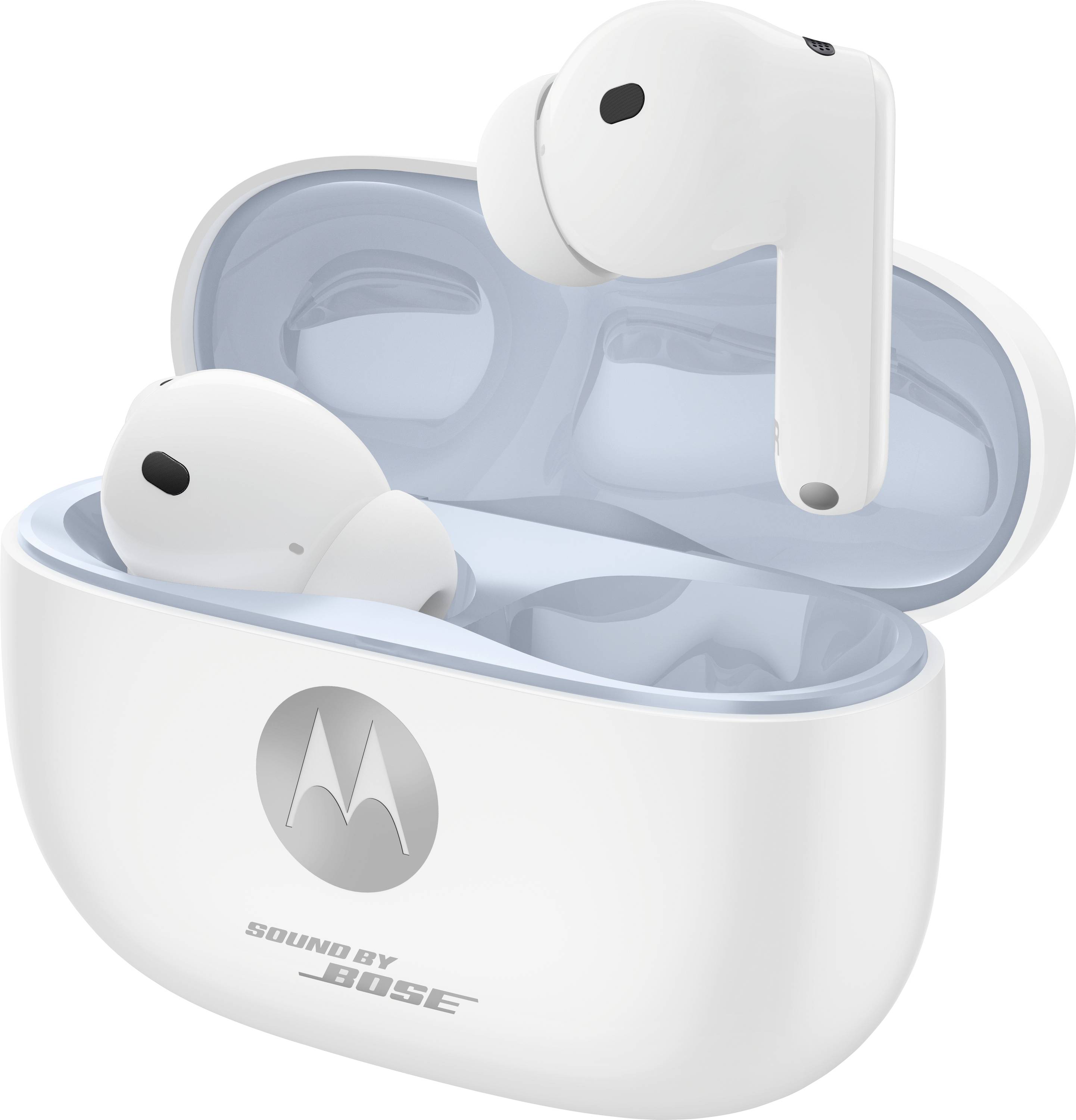 Weiße kabellose Ohrhörer in einem offenen Ladeetui mit Motorola-Logo und „Sound by Bose