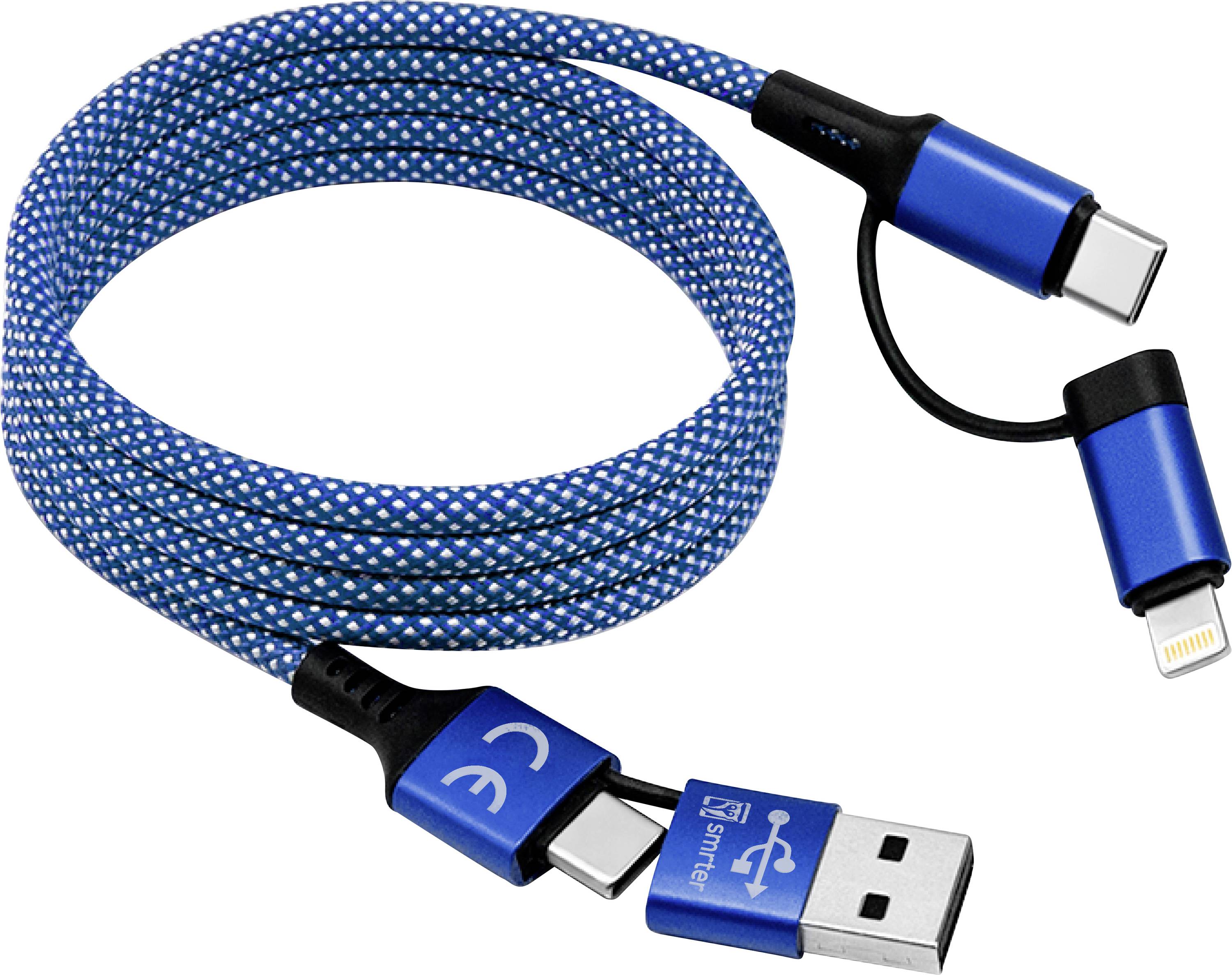 Blaues geflochtenes Ladekabel mit USB-A-, USB-C- und Lightning-Anschlüssen auf weißem Hintergrund.