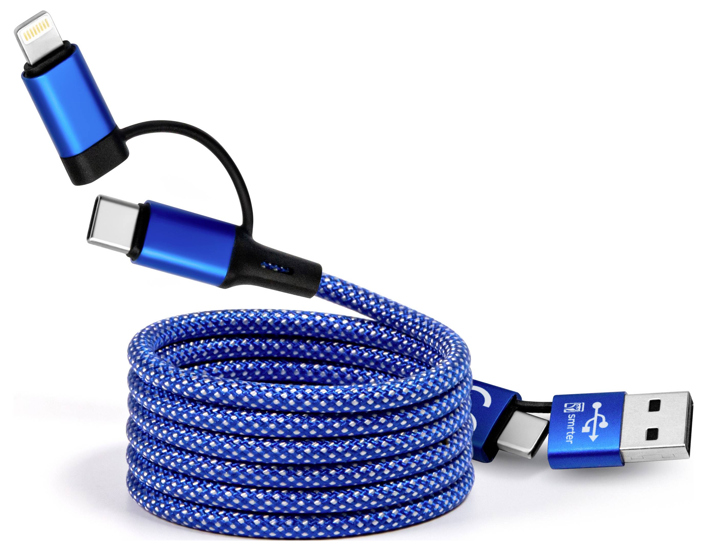 Aufgerolltes blaues geflochtenes USB-Ladekabel mit Lightning-, USB-C- und USB-A-Steckern auf weißem Hintergrund.