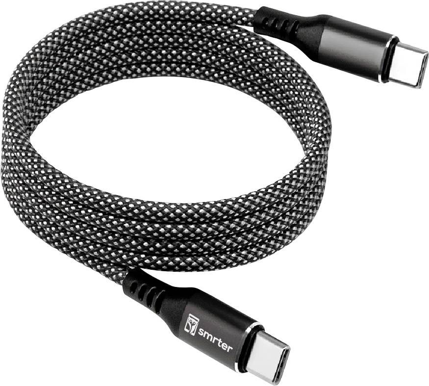 Geflochtenes schwarzes USB-C-Ladekabel mit Anschlüssen an beiden Enden, aufgerollt auf weißem Hintergrund.