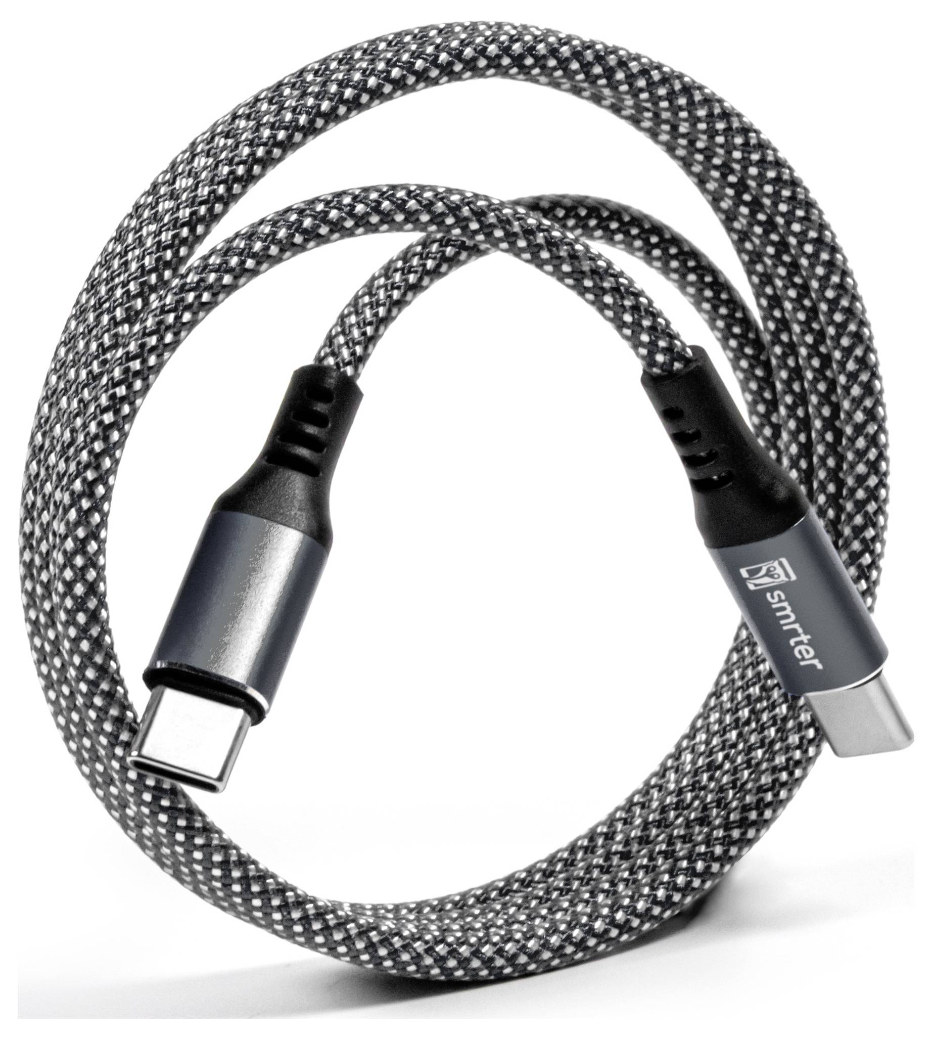Geflochtenes USB-C-Kabel aufgewickelt auf weißem Hintergrund, das USB-C-Stecker an beiden Enden zeigt.