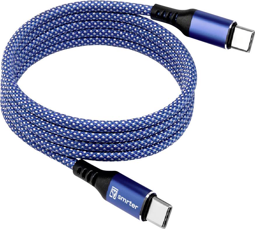 Blau geflochtenes USB-C-Ladekabel mit Anschlüssen an beiden Enden, aufgerollt auf weißem Hintergrund.