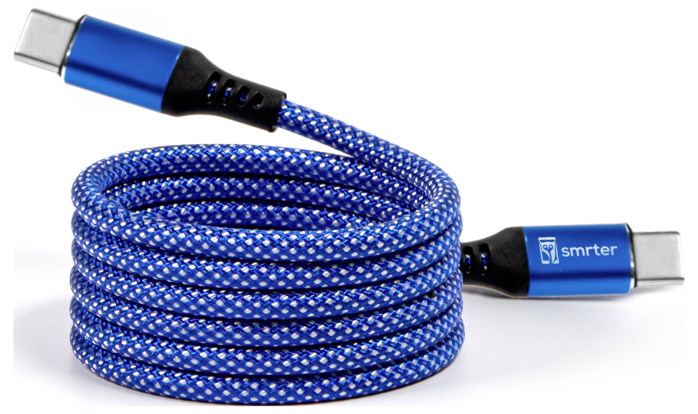 Aufgewickeltes blaues USB-C-Ladekabel mit geflochtenem Kabel und blauen Metallsteckern auf weißem Hintergrund.
