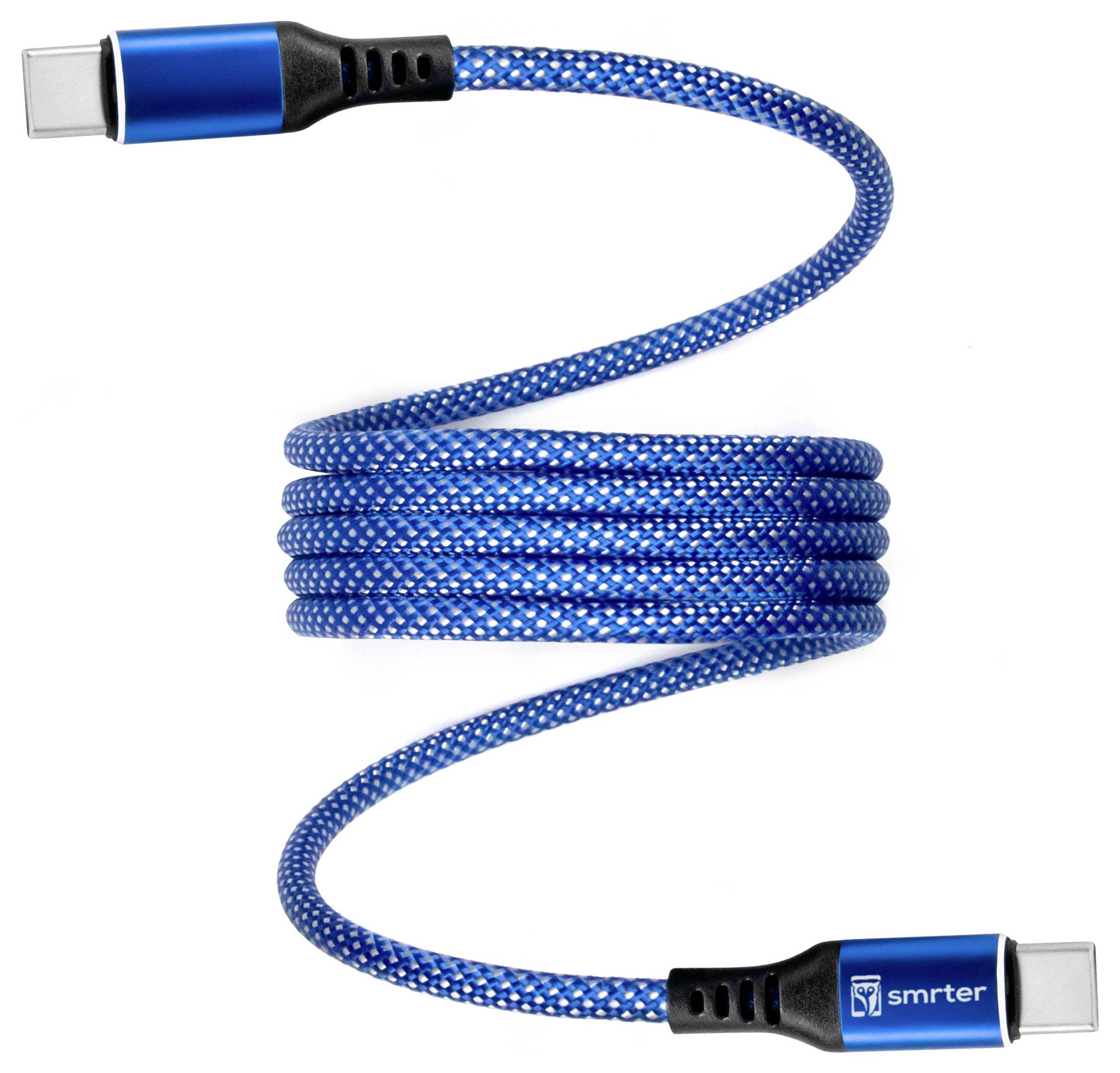 Blaues geflochtenes USB-C-Ladekabel in der Mitte aufgewickelt, mit sichtbaren Anschlüssen an beiden Enden und einem 