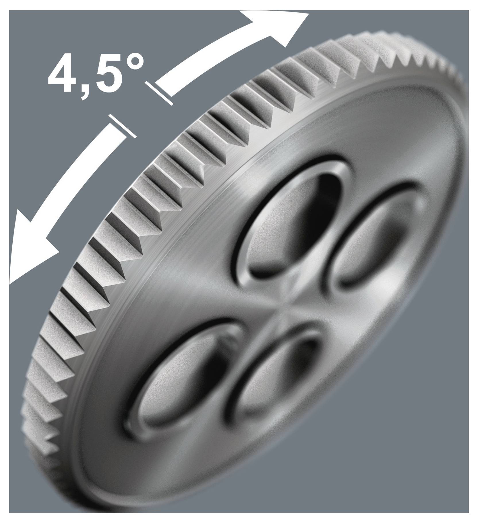 Metallzahnrad, das in einem Winkel von 4,5° gezeigt wird, gekennzeichnet durch gekrümmte Pfeile.