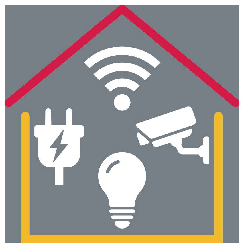 Smart-Home-Symbol zeigt WLAN, eine Glühbirne, eine Sicherheitskamera und einen Stromstecker in einem Hausumriss.