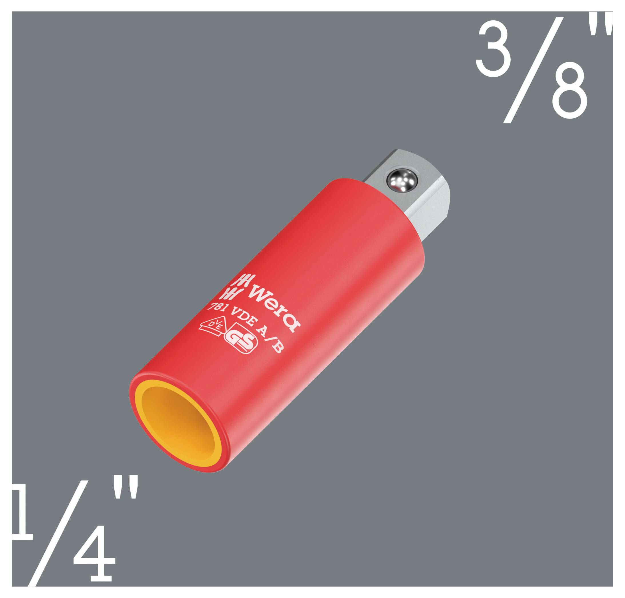 Roter 3/8-Zoll-Antriebs-Adapter oder Steckschlüssel-Werkzeug mit 1/4-Zoll-Öffnung auf grauem Hintergrund.