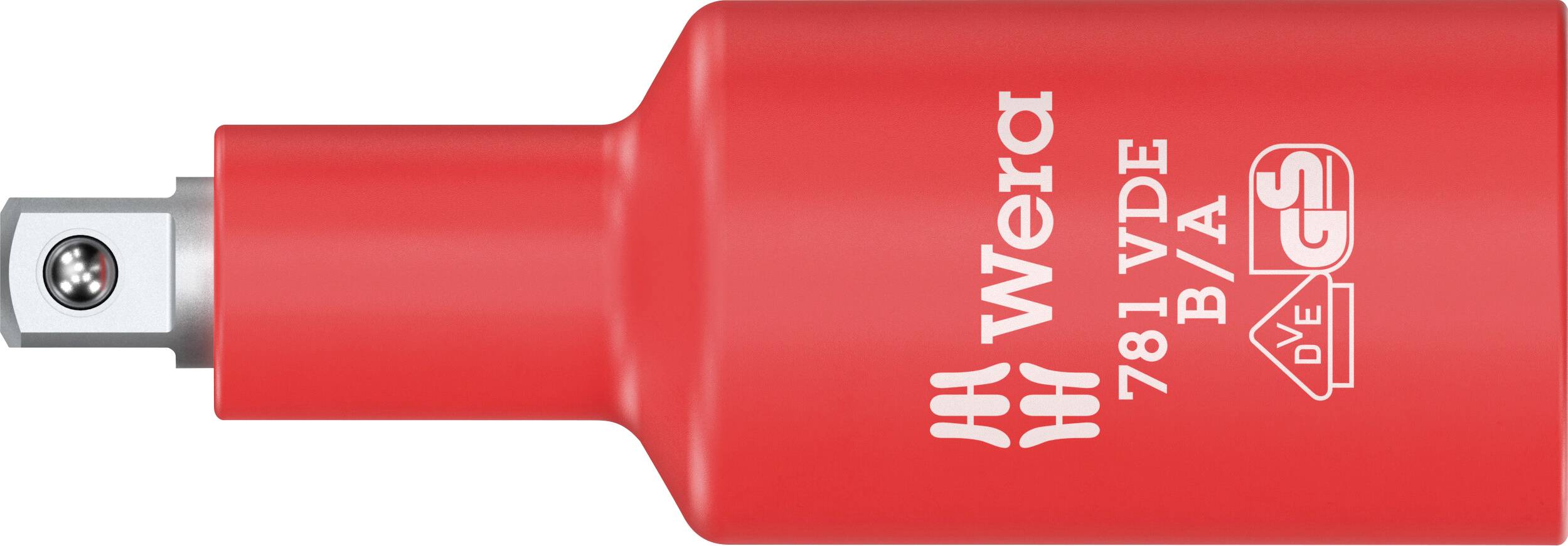 Rote isolierte Wera VDE Schraubendreher-Bithalter mit metallischer Sechskantschaft und Branding auf dem Griff.