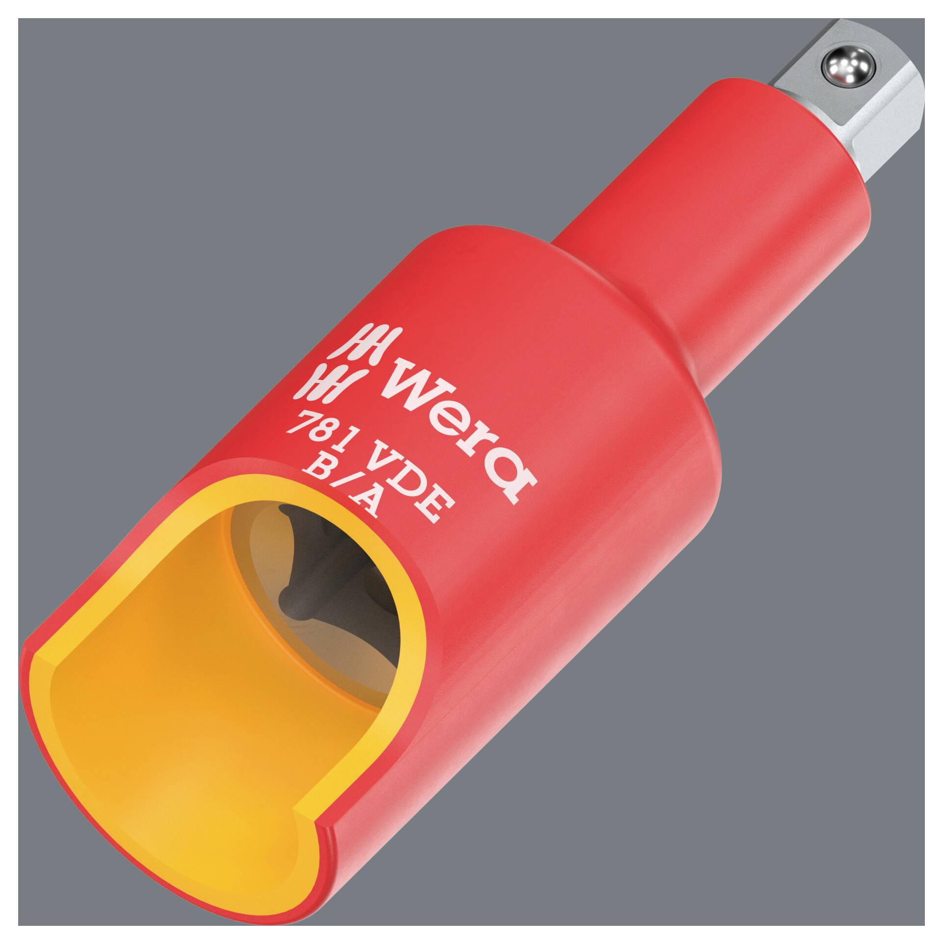 Nahaufnahme eines roten Wera 781 VDE isolierten Steckadapters mit Vierkantantrieb, dargestellt auf grauem Hintergrund.