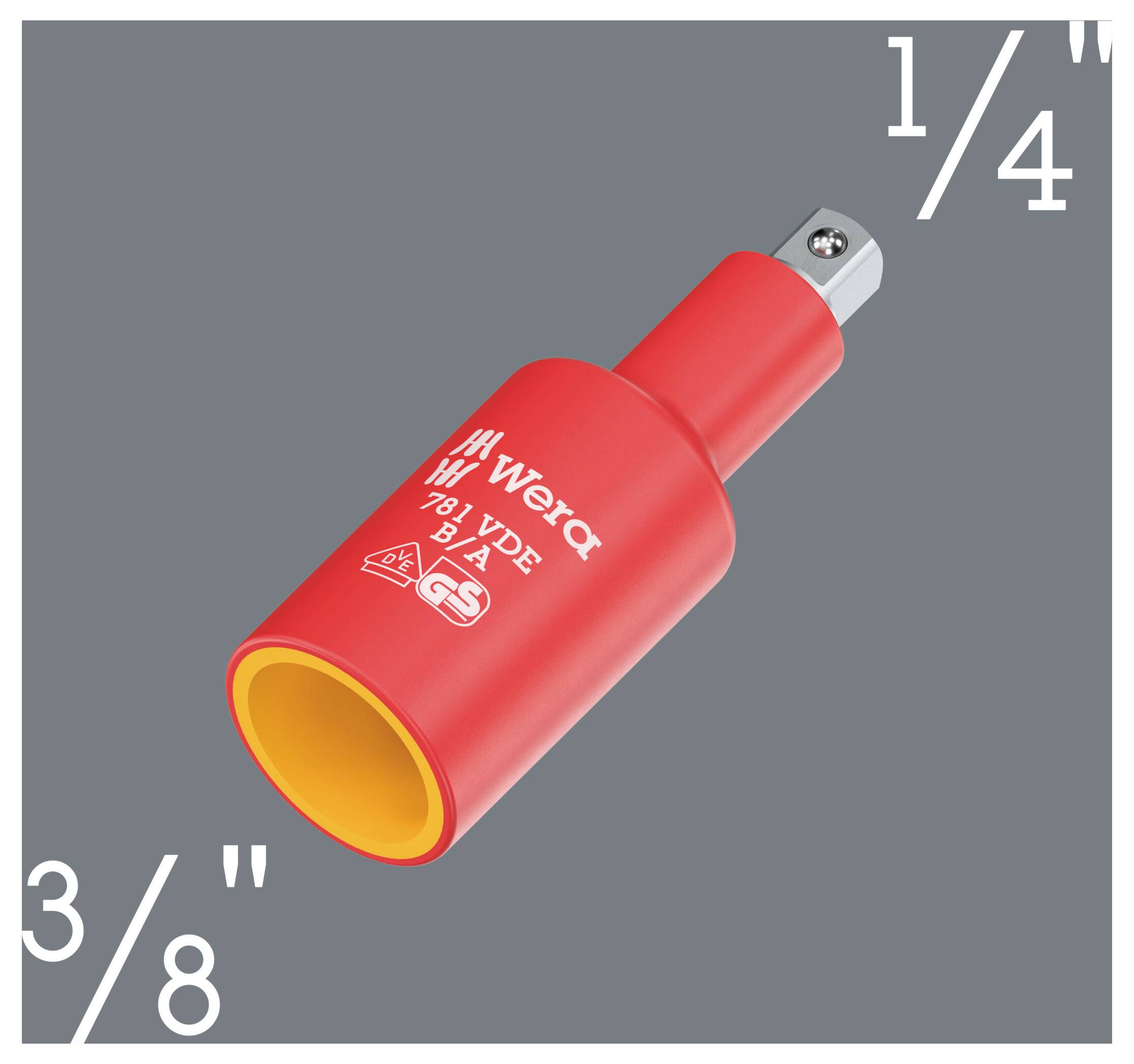 Roter 3/8-Zoll auf 1/4-Zoll Steckadapter auf grauem Hintergrund mit Größenbeschriftungen 3/8 und 1/4.