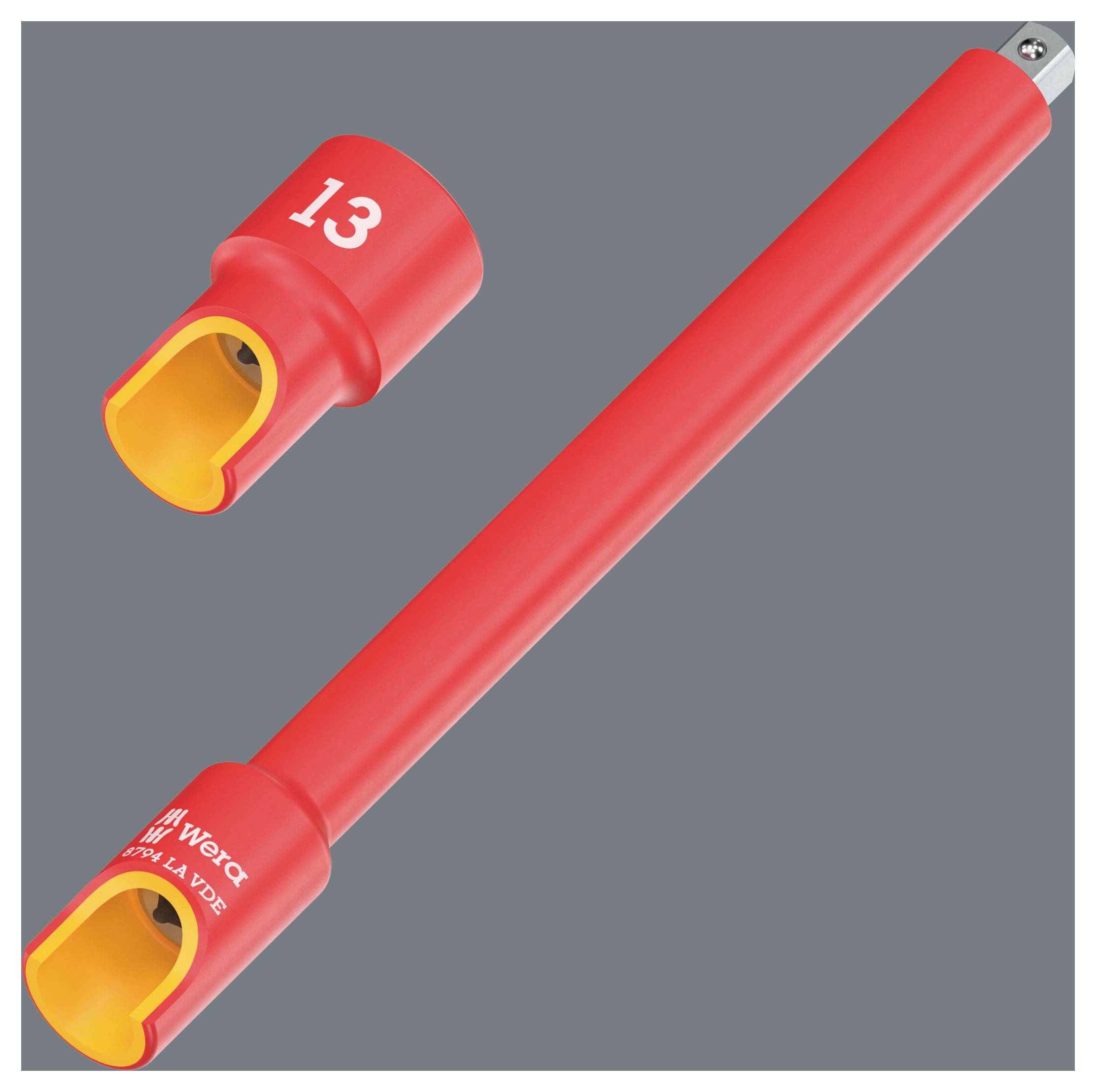 Rotes isoliertes Wera-Werkzeug mit zwei austauschbaren gelben Steckkappen, eine mit '13' gekennzeichnet, auf grauem Hintergrund dargestellt.