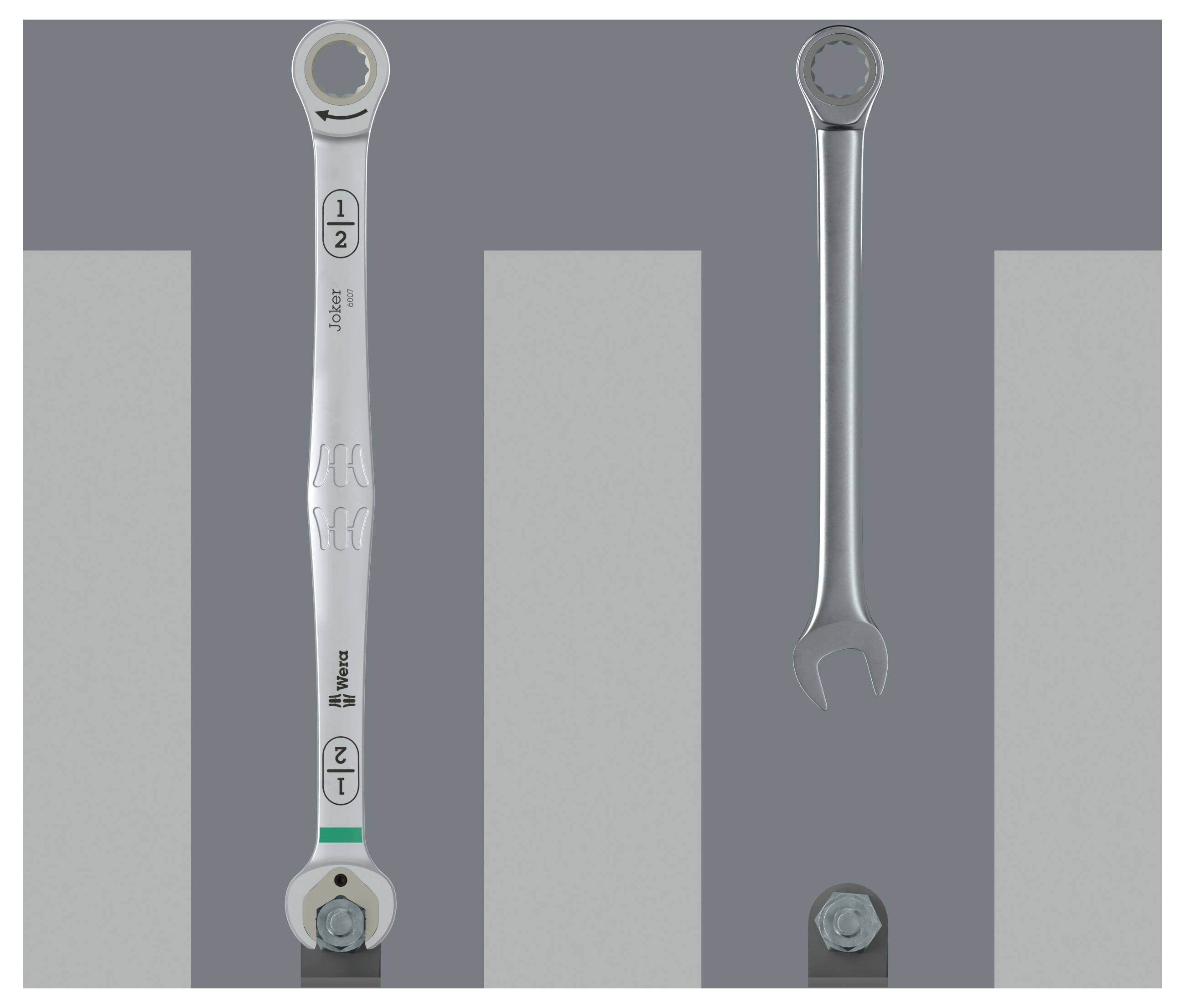 Nebeneinander Vergleich zweier ratschender Schraubenschlüssel, die an einer grauen Displaywand montiert sind, mit einem weißen Joba-Werkzeug auf der linken Seite und einem silbernen Wera-Werkzeug auf der rechten Seite.