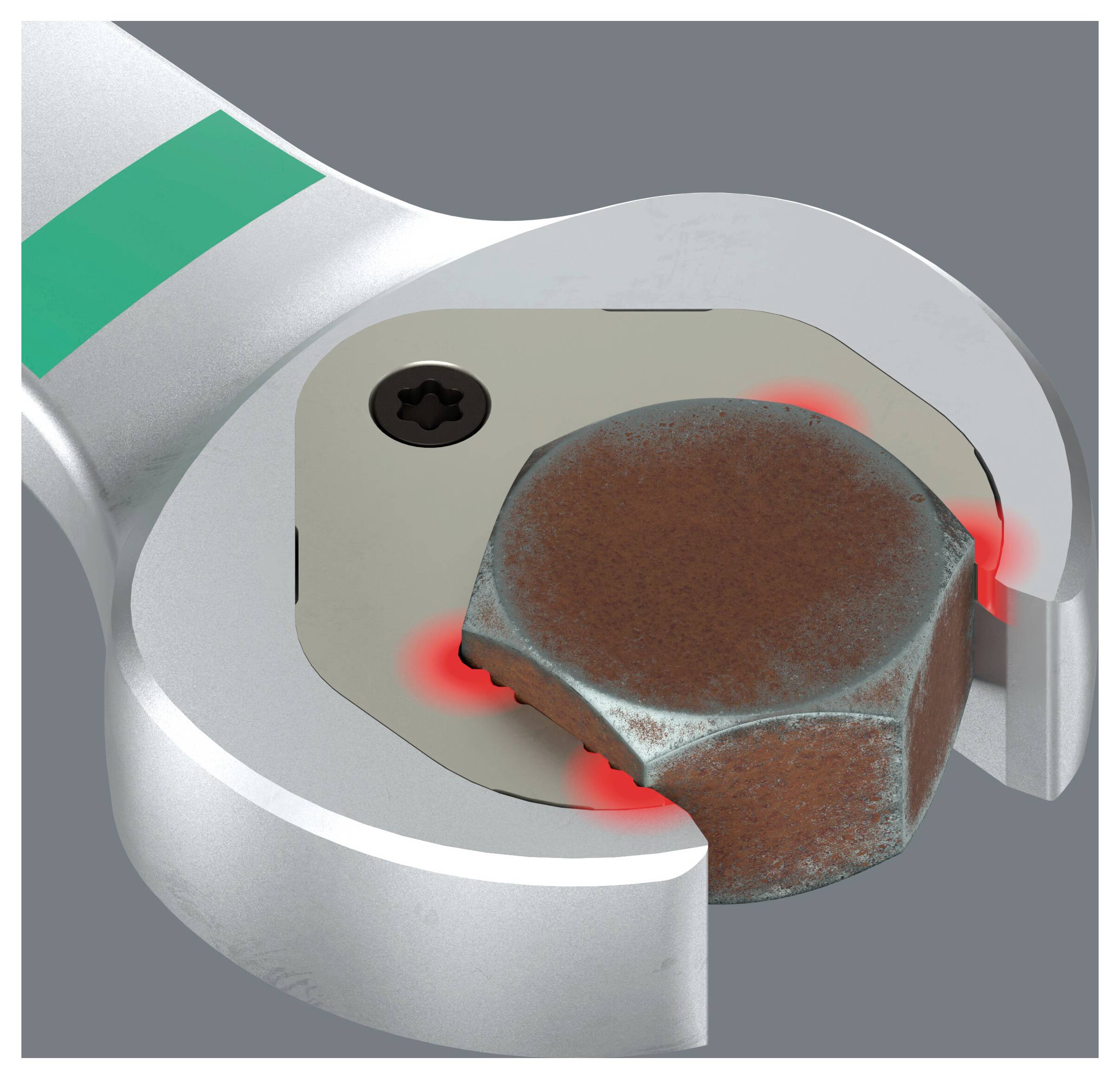 Nahaufnahme eines Schraubenschlüssels, der eine rostige Sechskantmutter erfasst, mit roten Markierungen, die die Kontaktpunkte am Befestigungselement zeigen.