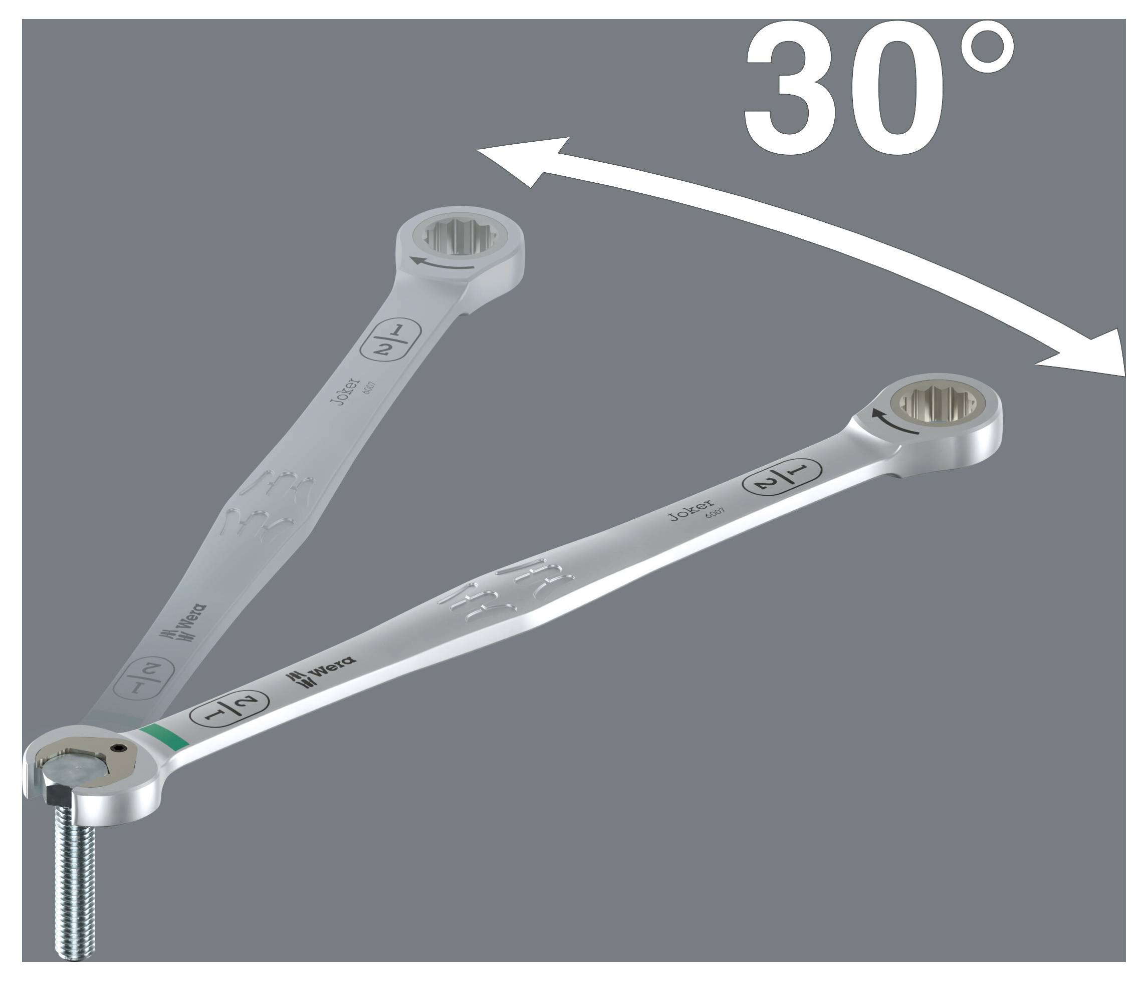 Verstellbarer Schraubenschlüssel mit einem angezeigten Winkelbereich von 30°, gekennzeichnet durch einen gebogenen Pfeil, der die bewegliche Kopfposition des Werkzeugs illustriert.