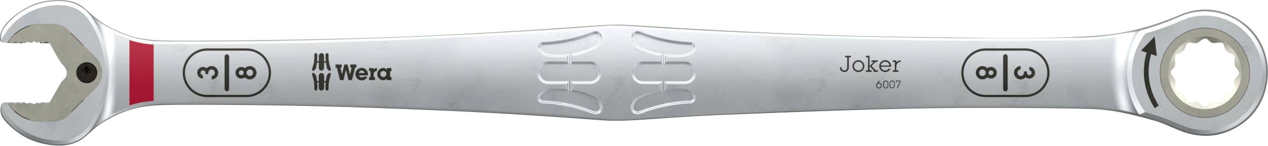 Silberner Wera Joker Schraubenschlüssel mit offenem Maulende an einem Ende und Ringratsche am anderen Ende, in Seitenansicht dargestellt.