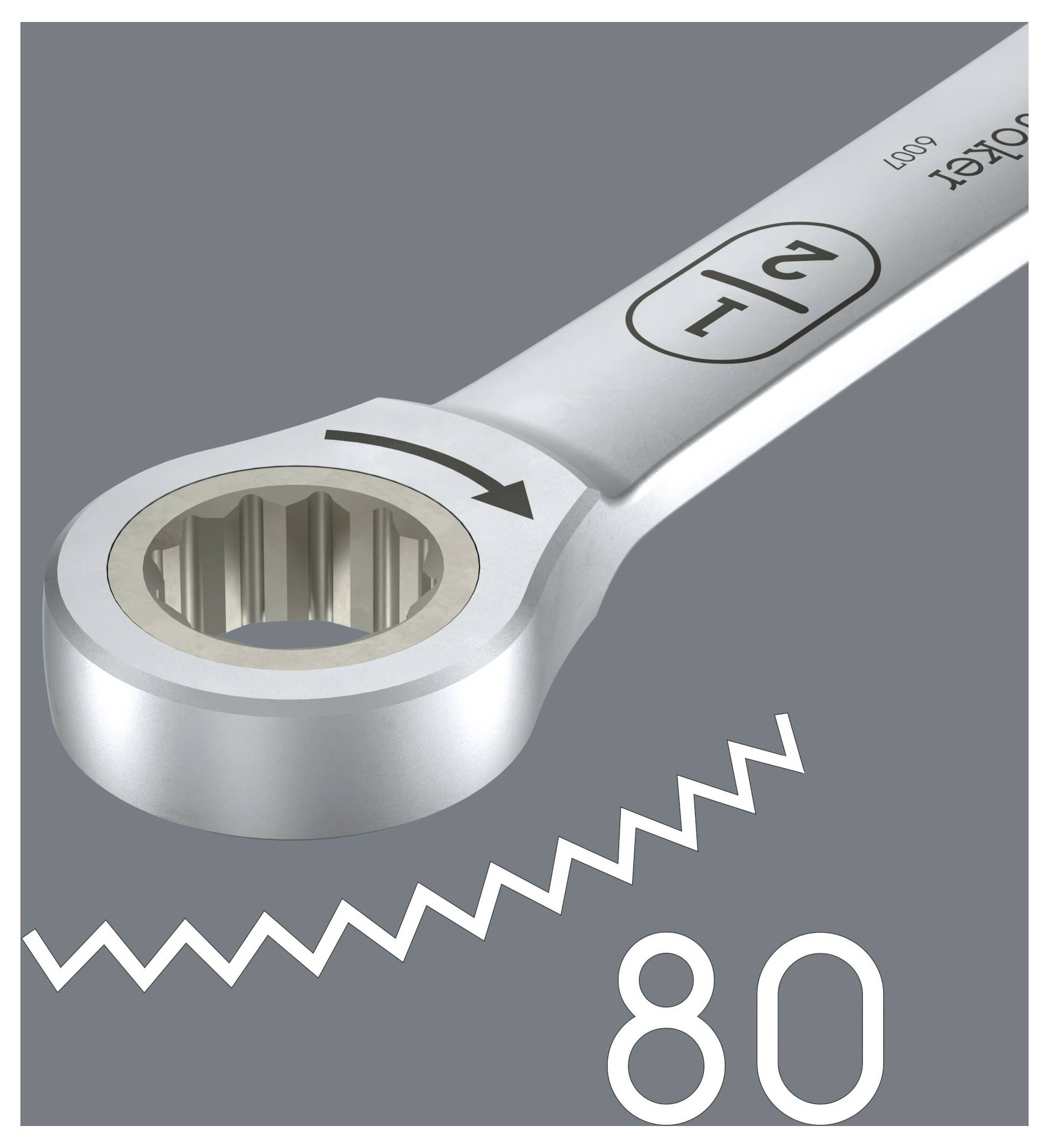 Abbildung eines 1/2-Zoll-Ratschenschlüssels auf 80 eingestellt, mit einem Richtungspfeil, der die Drehung anzeigt.