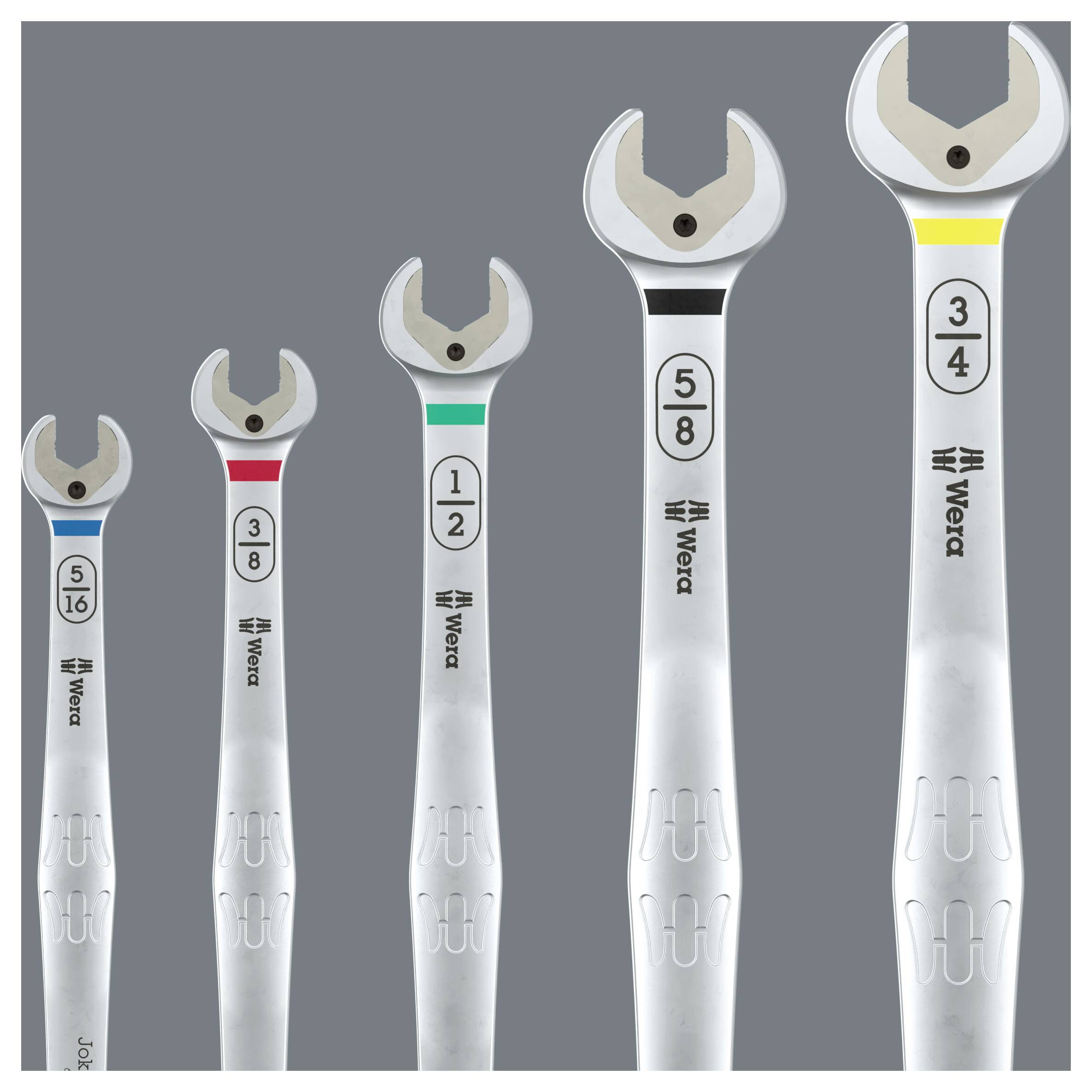 Fünf Wera Maulschlüssel nach Größe angeordnet, beschriftet mit 5/16, 3/8, 1/2, 5/8 und 3/4 Zoll.
