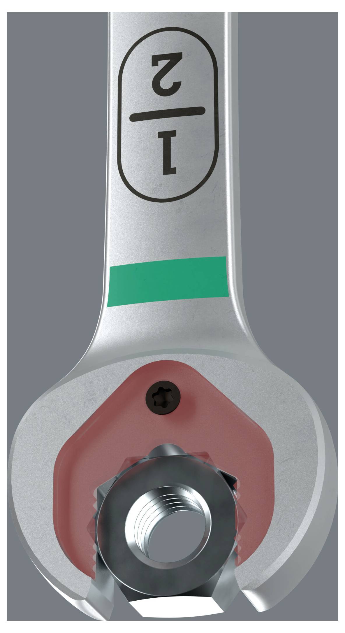 Nahaufnahme eines metallischen mechanischen Bauteils mit einem zentralen Gewindeloch, einer roten Dichtung und der aufgedruckten Markierung '2/1' auf der Welle.