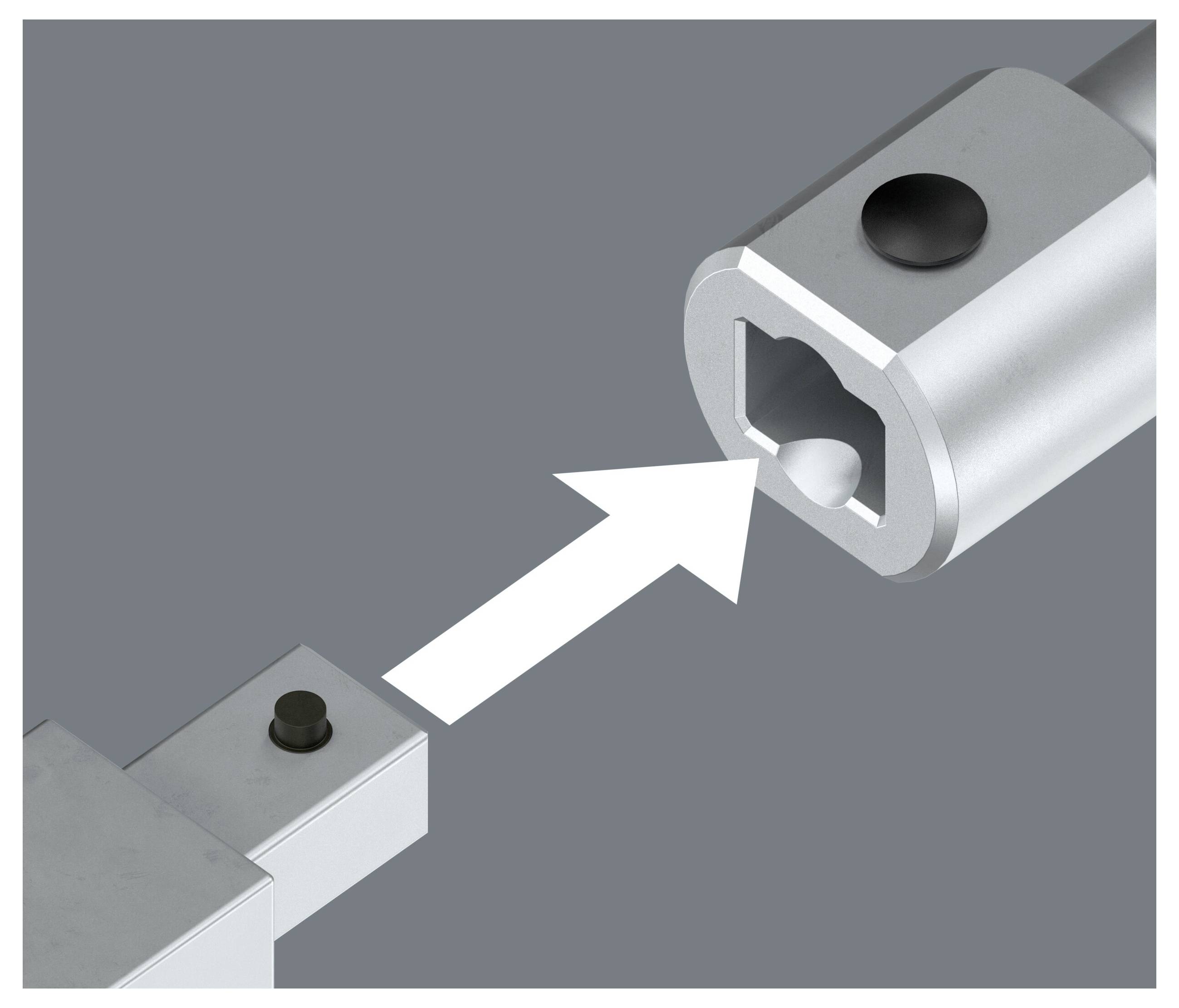 Nahaufnahme zweier Metallteile, die sich ausrichten, mit einem weißen Pfeil, der anzeigt, dass ein Teil in das andere gleiten soll.