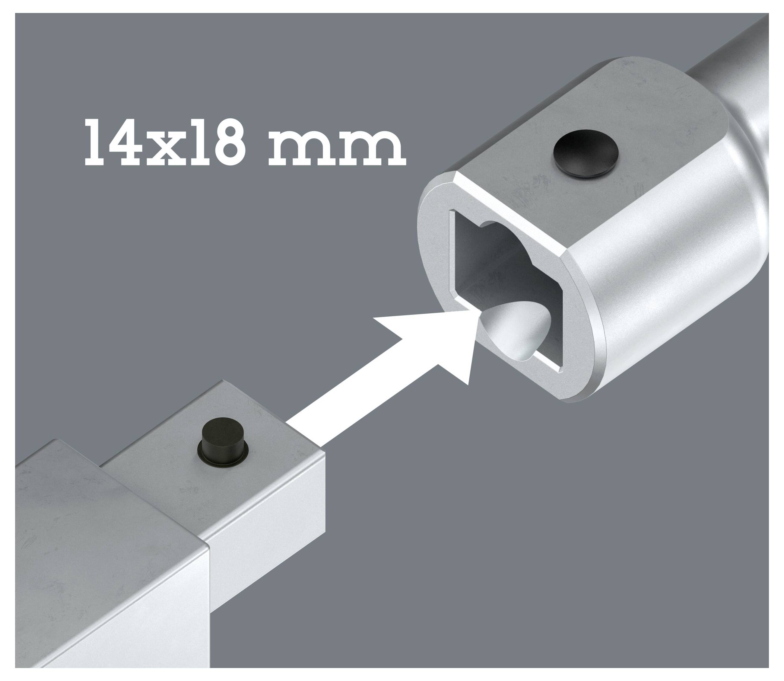Metallverbinderanordnung mit Pfeil, der das Einführen eines 14x18 mm passenden Teils in das Buchsenende zeigt.