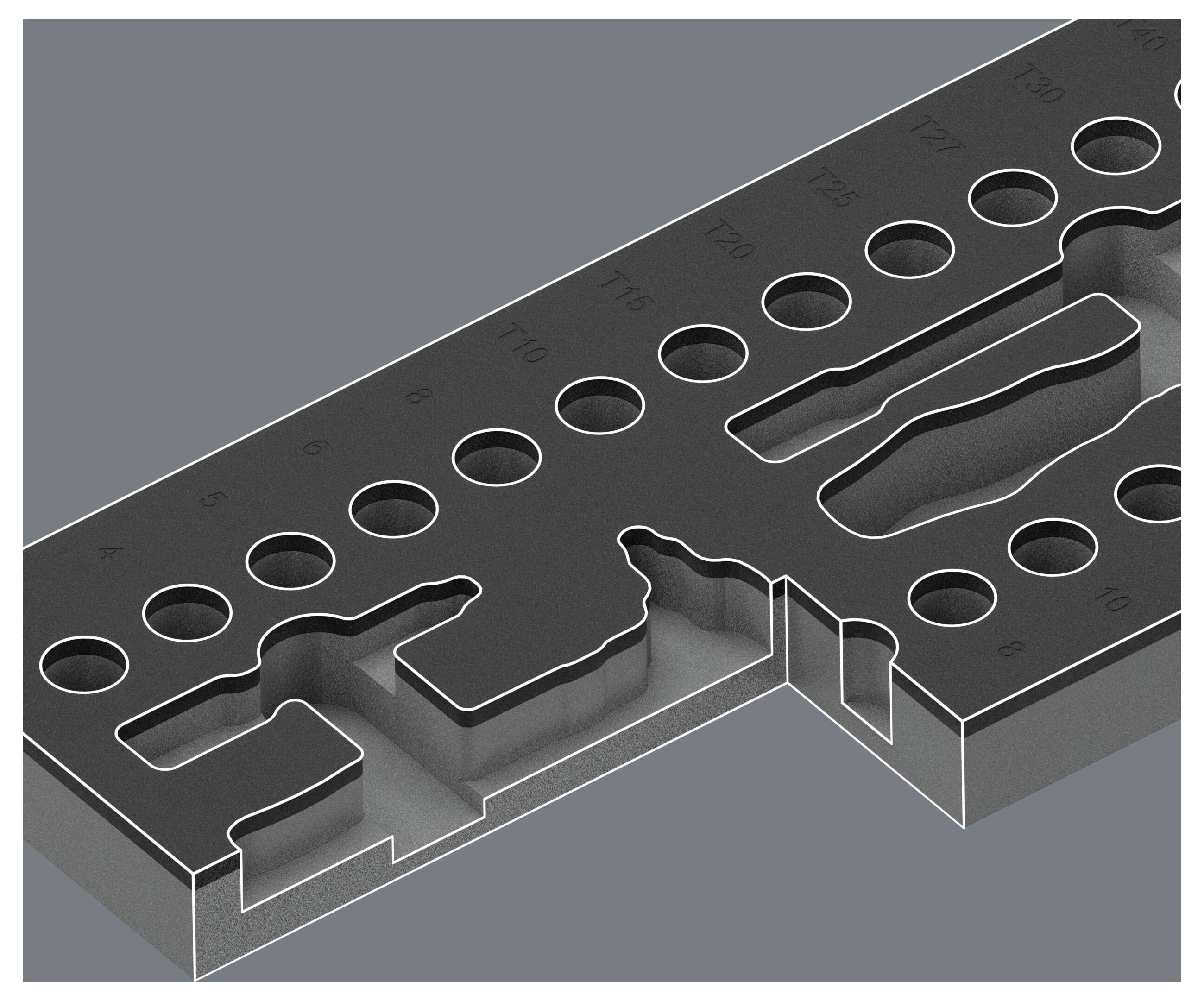 Isometrische CAD-ähnliche Metallplatte mit Reihen von kreisförmigen Löchern und Ausschnittschlitzen, dargestellt in einer technischen 3D-Ansicht.