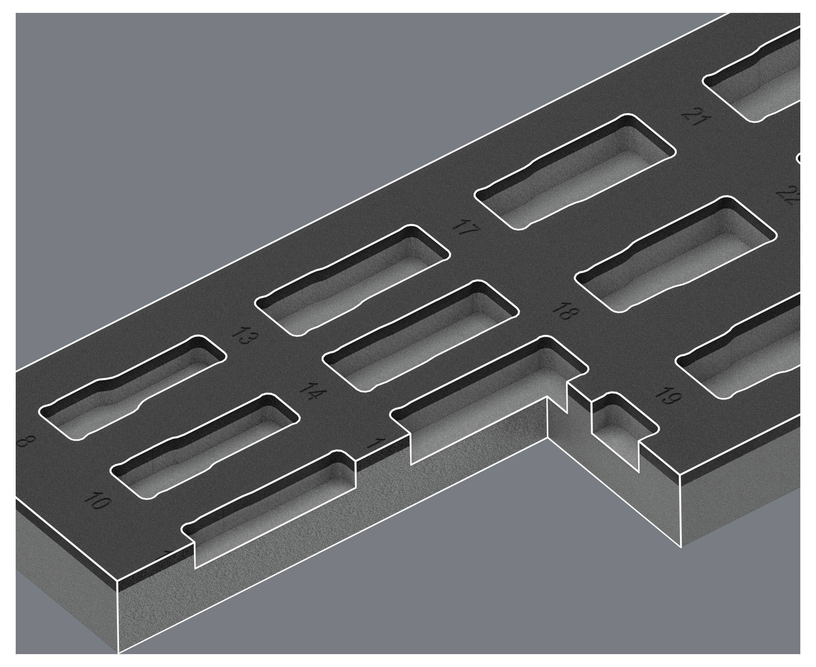 3D-CAD-Rendering einer Metallplatte mit mehreren rechteckigen Schlitzen und Ausschnitten, dargestellt in isometrischer Ansicht auf grauem Hintergrund.