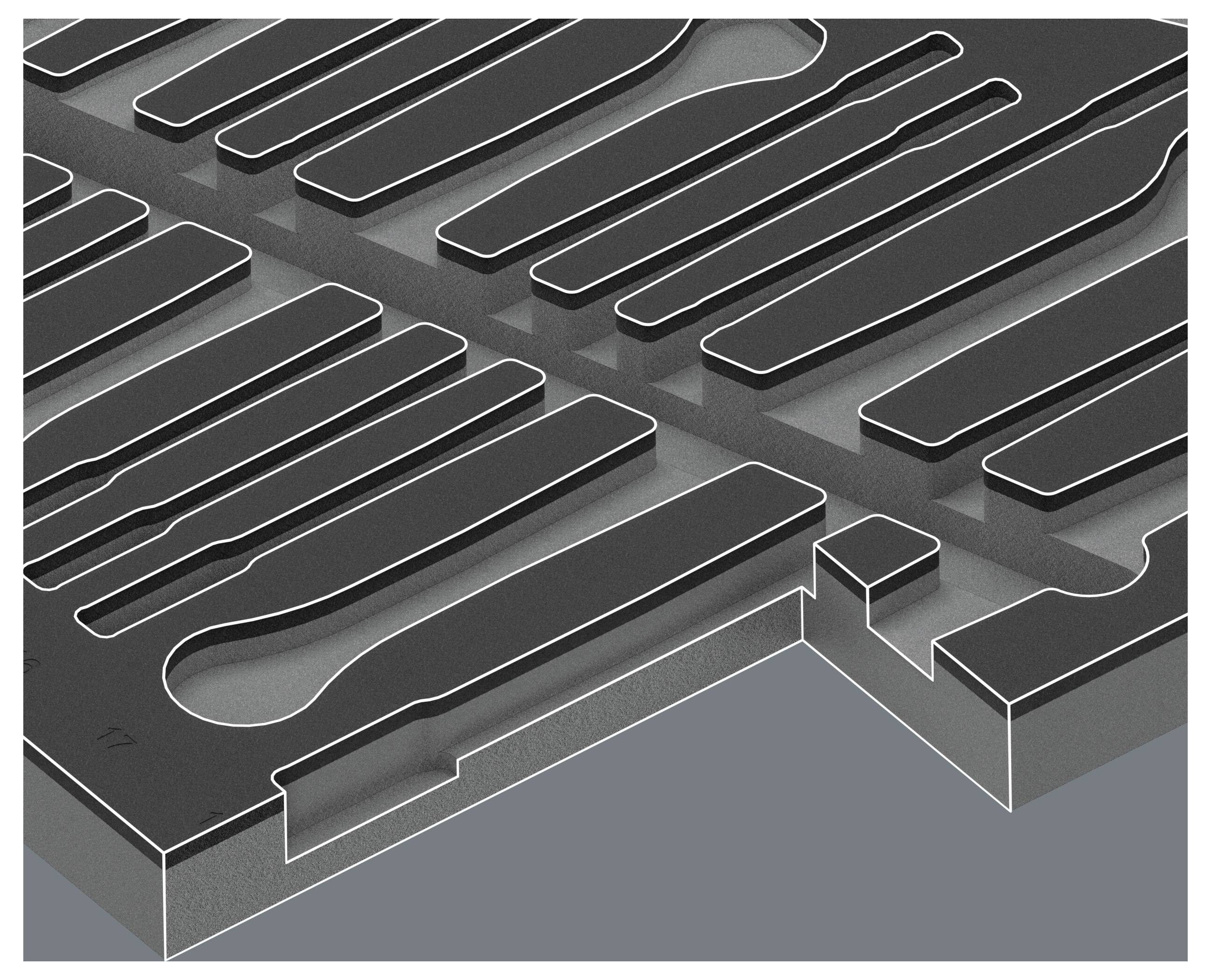Isometrisches Diagramm eines dunklen labyrintähnlichen 3D-Kanallayouts mit mehreren parallelen Nuten und einer gestuften Aussparung in der unteren rechten Ecke.