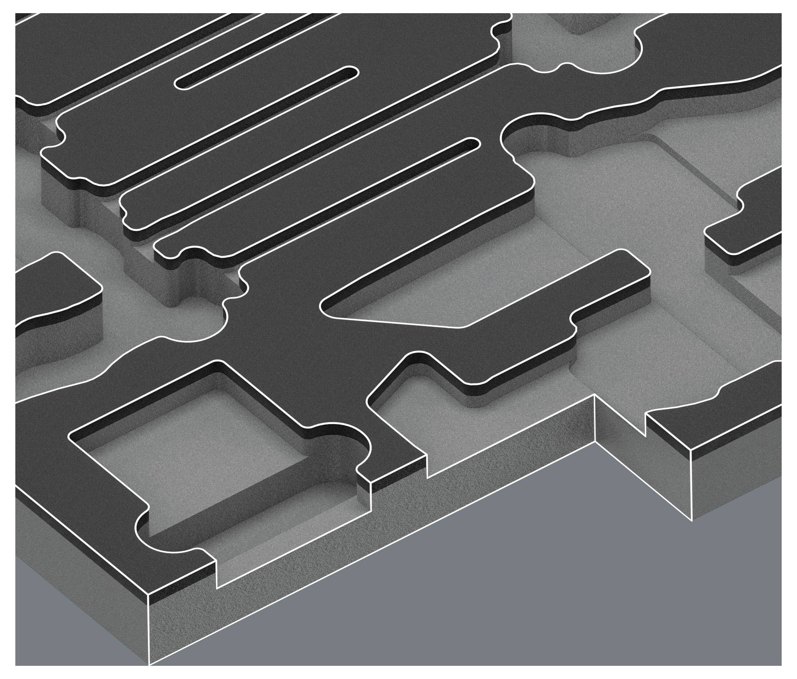 Abstrakte 3D-Puzzleteiloberfläche in Grautönen mit verschlungenen Ausschnittsformen und erhabenen schwarzen Kanten.
