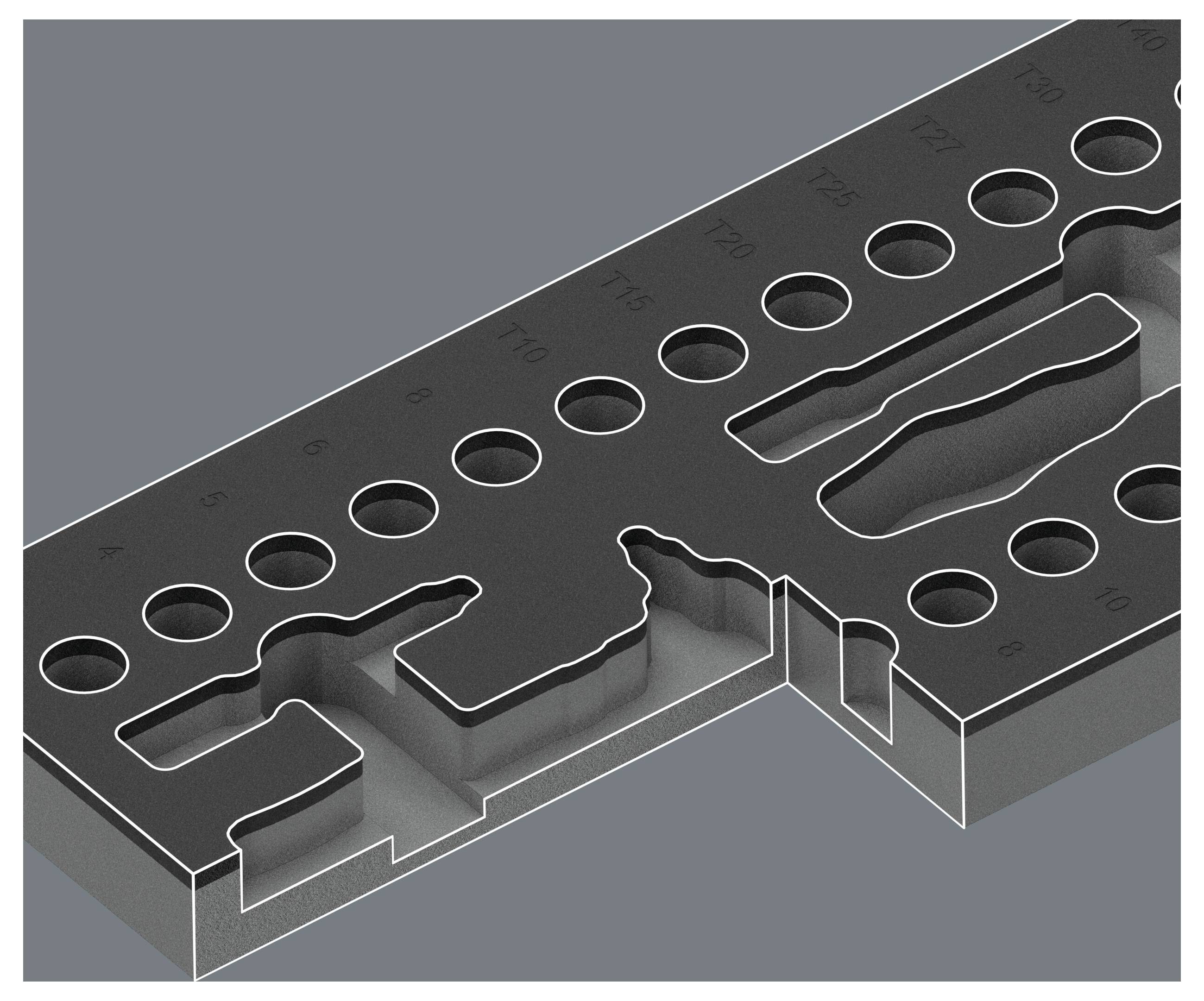 3D-Metallvorlageplatte mit kreisförmigen Löchern und Ausschnittschlitzen, perspektivisch auf grauem Hintergrund dargestellt.