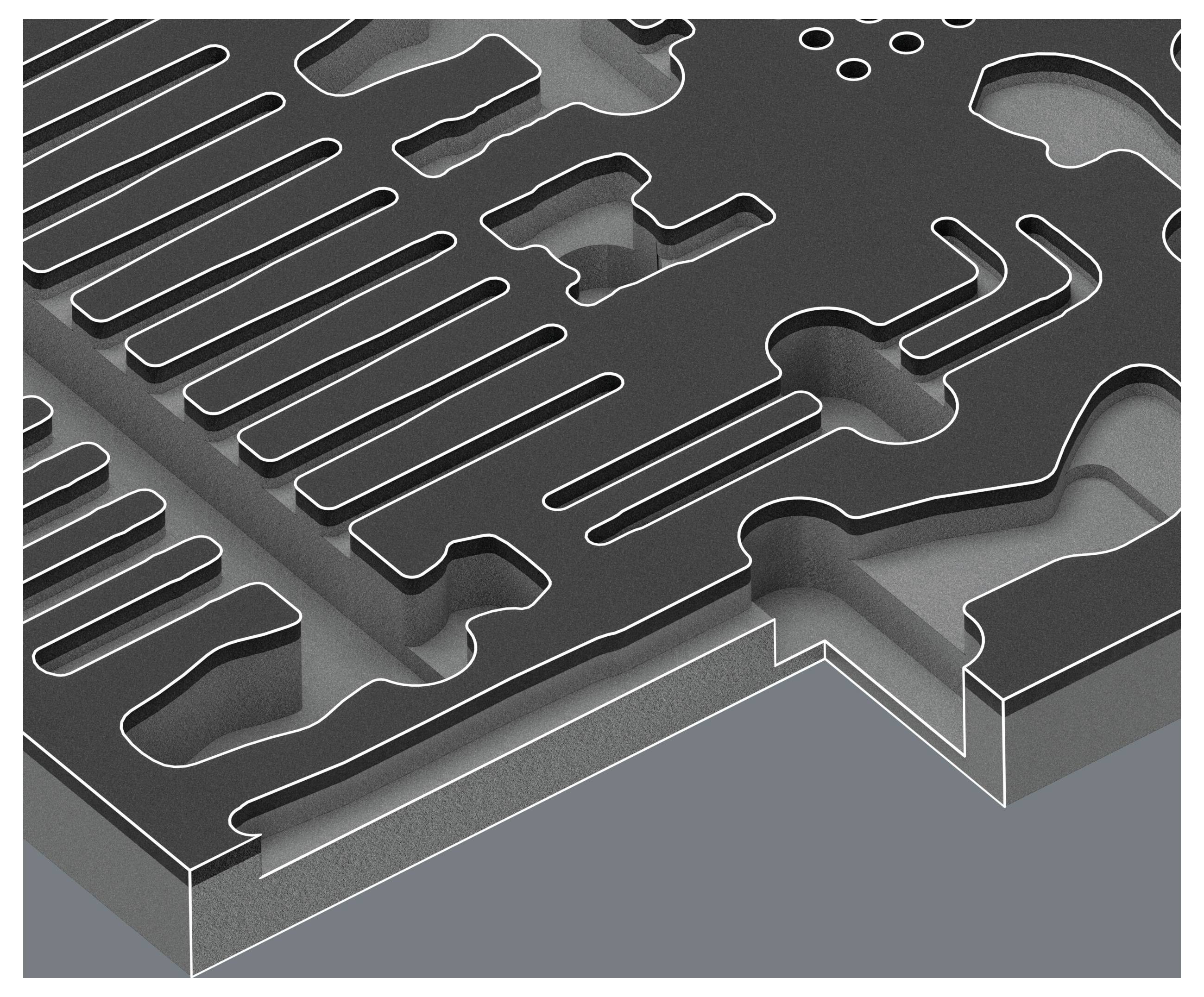 Abstrakte 3D-Puzzleteilstücke, die in einem dunkelgrauen geometrischen Muster miteinander verschlungen sind und eine Verbindung oder Montage andeuten.