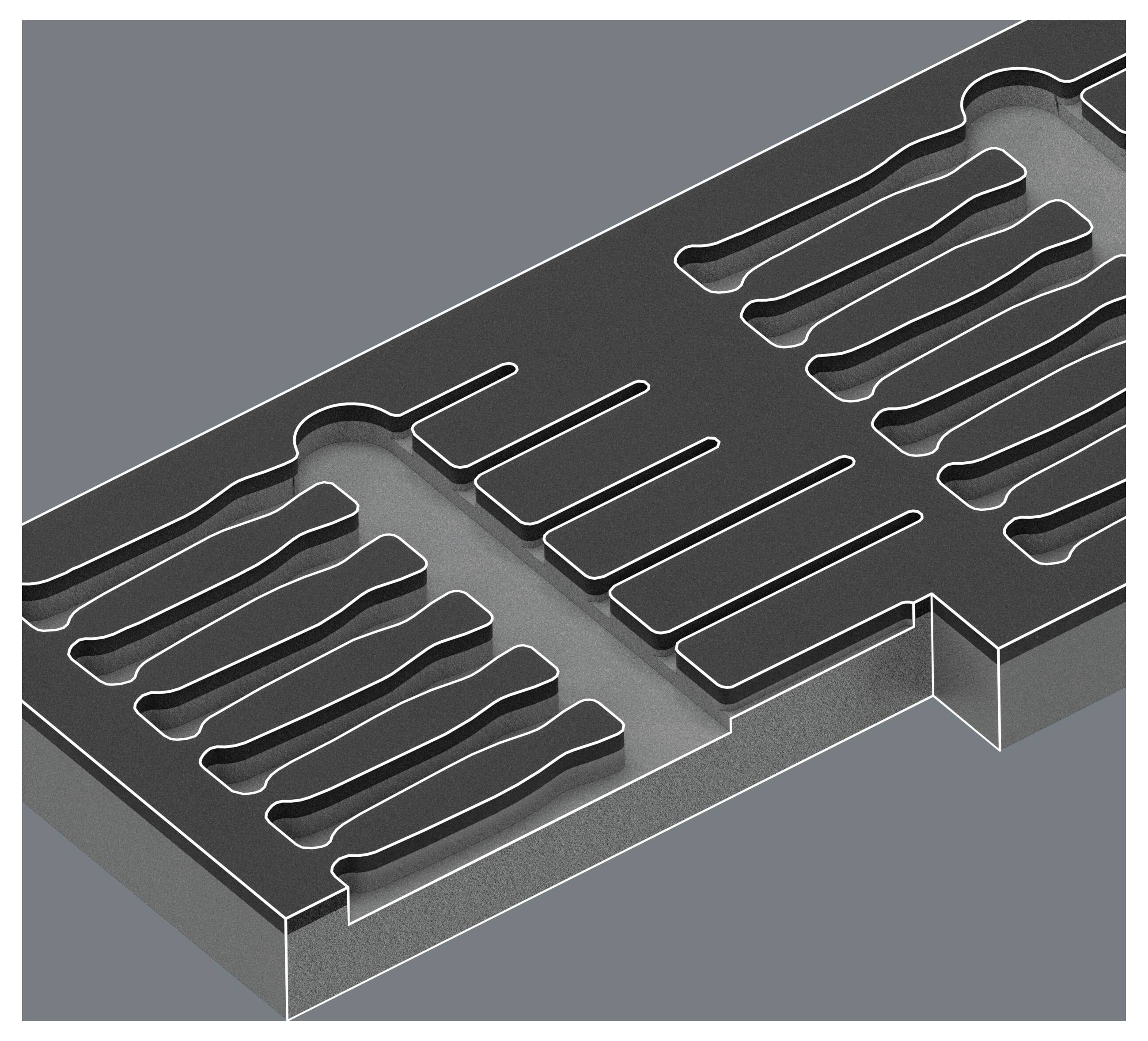 Isometrische Schnittzeichnung eines Metallblocks mit mehreren parallelen gekrümmten Nuten und Schlitzen, die ein intern bearbeitetes Hohlvolumen oder Formenmuster zeigen.