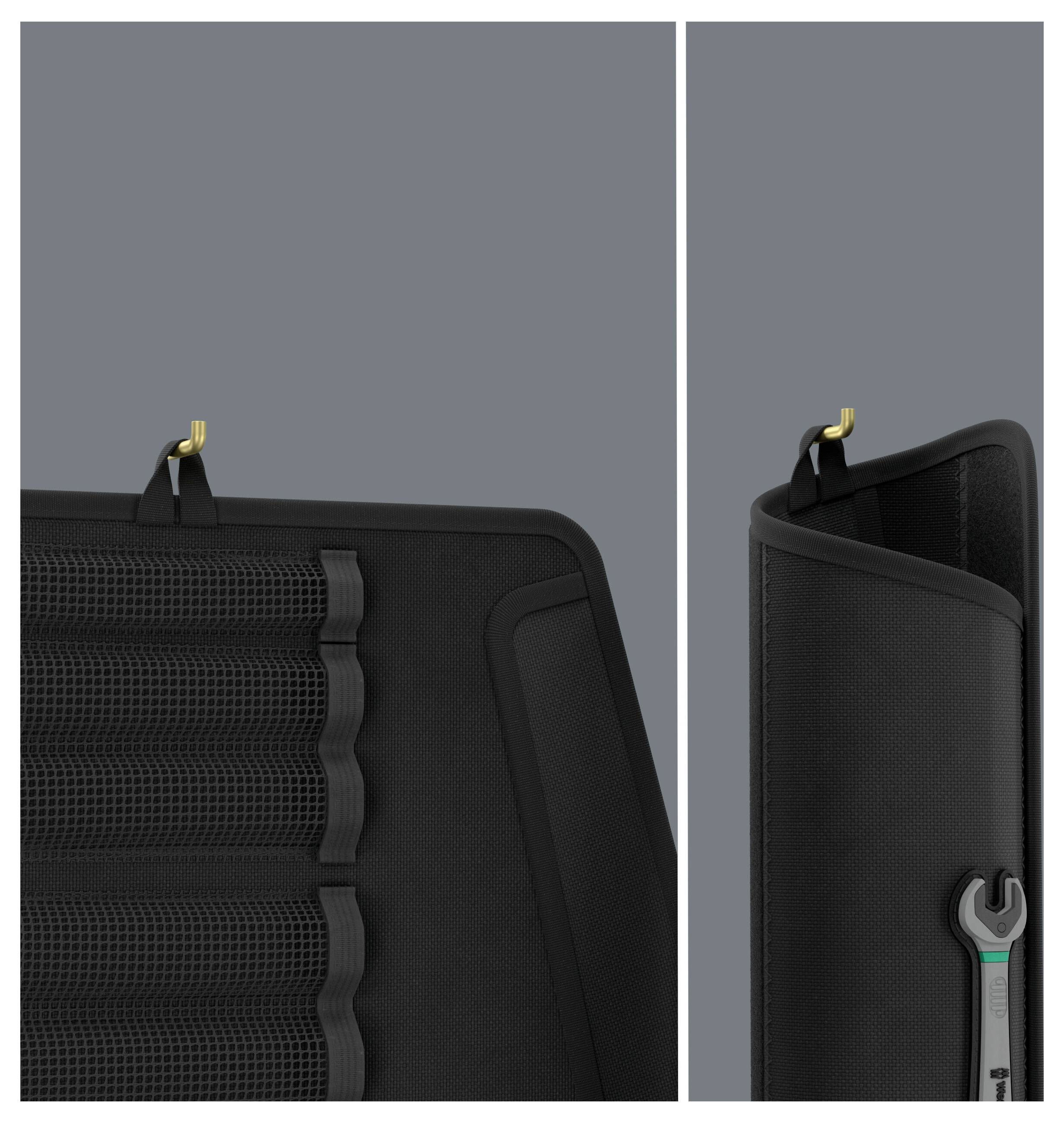 Schwarze Transporttasche mit Reißverschluss, offen und zusammengeklappt gezeigt, mit strukturierten inneren Taschen und einem kleinen Aufhängehaken auf grauem Hintergrund.