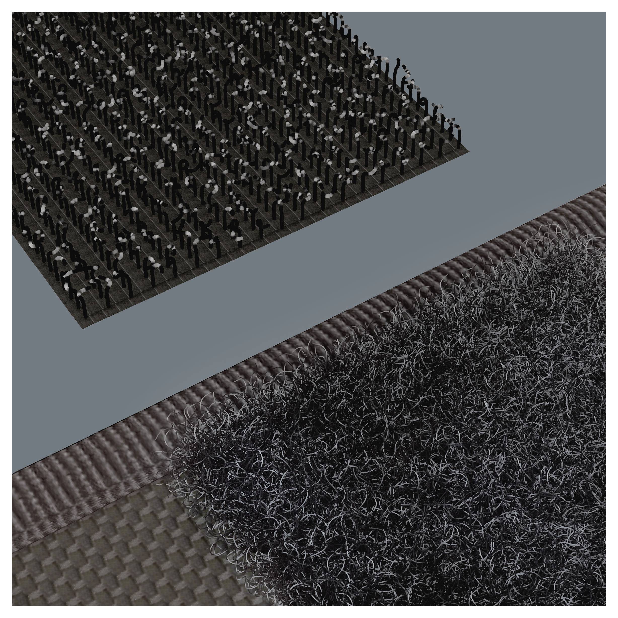 Nahaufnahmecomparison zweier synthetischer Materialien: ein schwarzes Gitter aus aufrechten Stiften oben und eine dichte, flauschige Teppichtextur unten auf grauem Hintergrund.