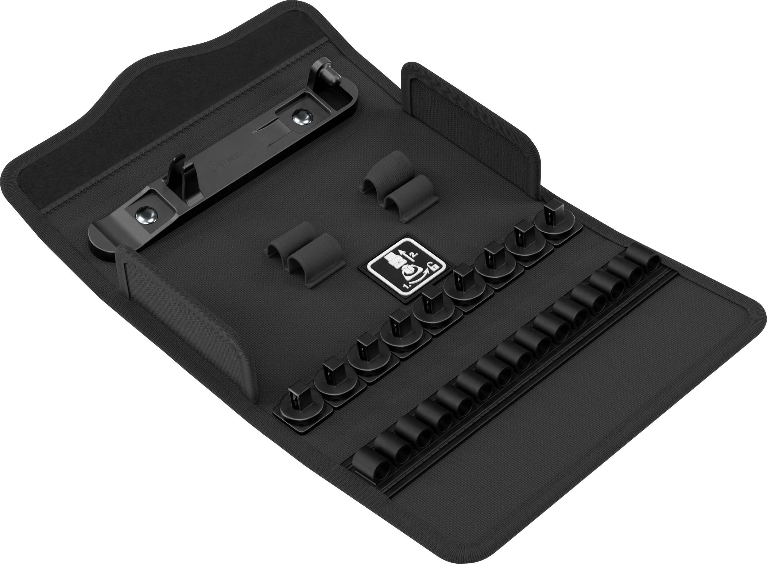 Schwarze an der Wand montierbare Organizer-Schale aus Kunststoff mit Clips und Stiften zum Halten von kleinen Werkzeugen oder Kabeln.