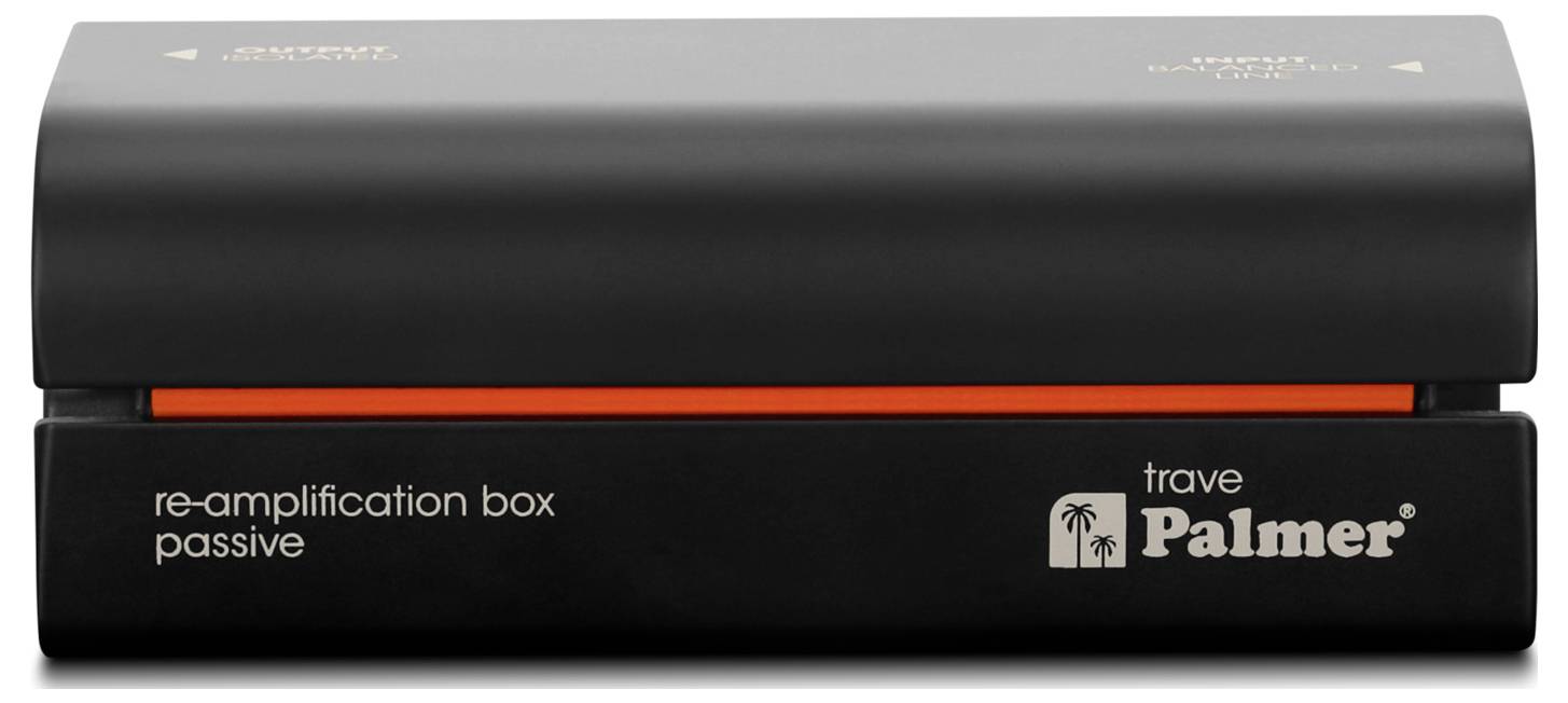 Black Palmer 're-amplification box passive' Audiogerät mit orangefarbenem Akzentstreifen und Markenlogo auf der Frontplatte.