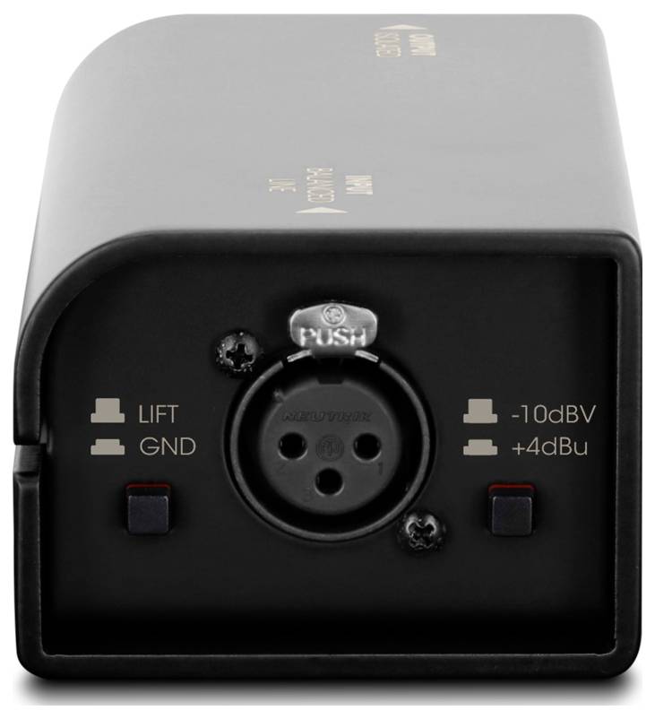 Schwarze Audio-Anschlussbox mit zentraler XLR-Buchse mit der Bezeichnung „PUSH