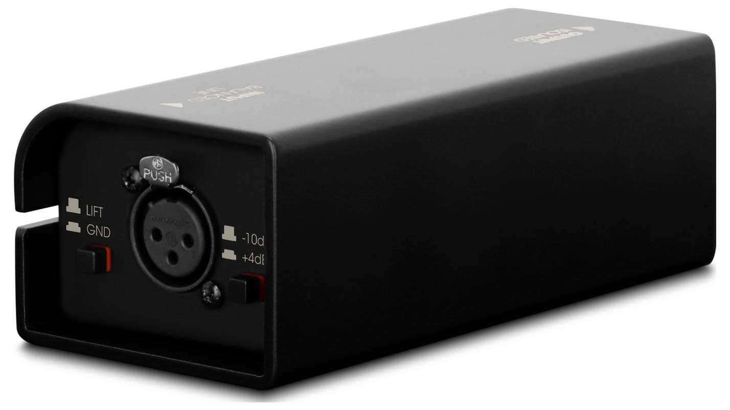 Schwarzes rechteckiges Audiogerät mit XLR-Eingang an der Vorderseite, „Push