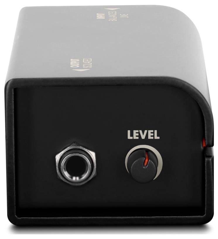 Schwarzes Audiegerät mit Frontplatte, Eingangsbuchse und Lautstärkeregler „LEVEL