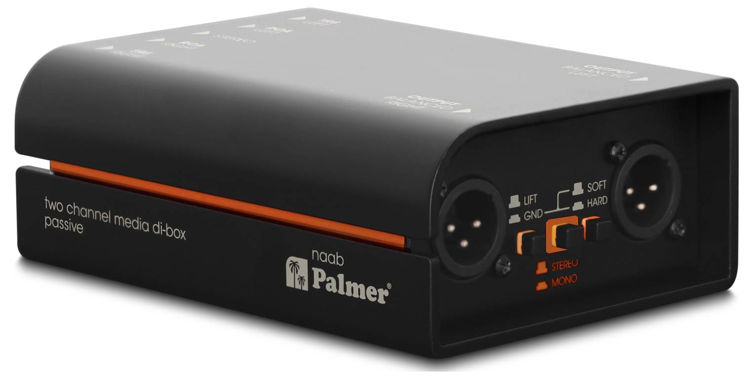 Schwarze zweikanal-passive Media-DI-Box mit orangenen Akzenten, XLR-Ein- und Ausgängen sowie Lift/Ground- und Stereo/Mono-Schaltern.
