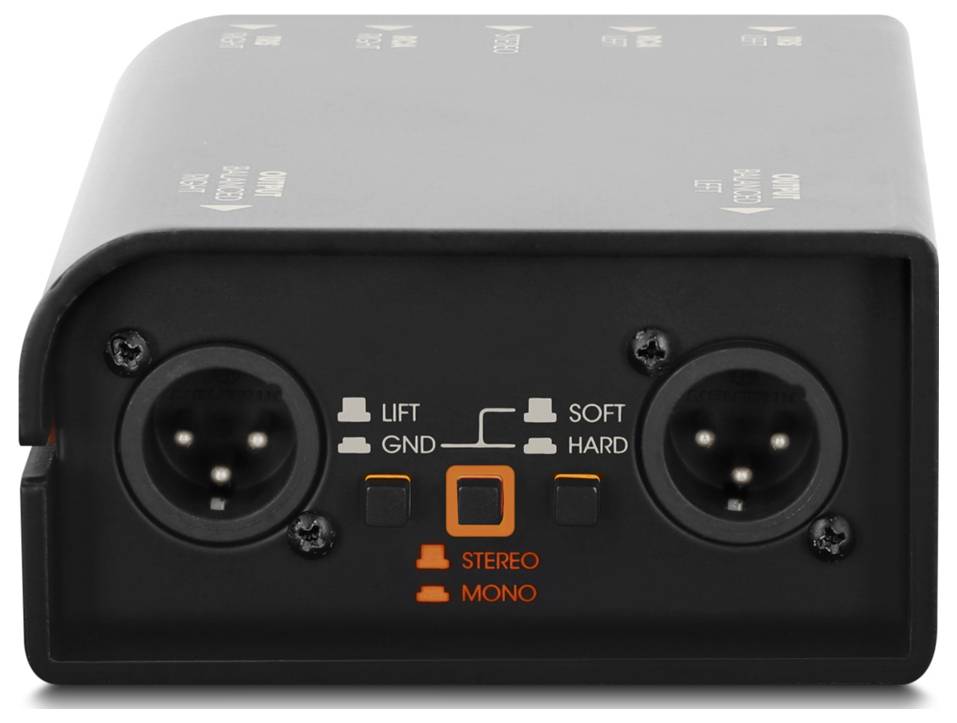 Rückseite eines Audiogeräts mit zwei XLR-Eingängen mit den Bezeichnungen „LIFT/GND