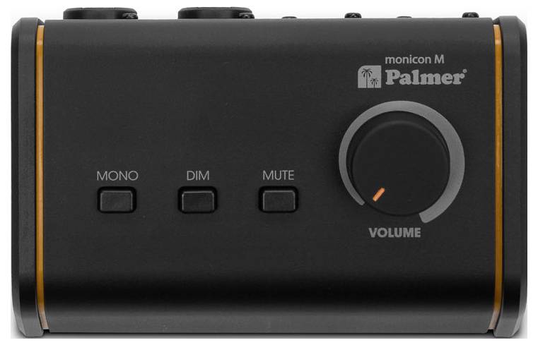 Black Palmer Monicon M Audio-Monitor-Controller mit Mono-, Dim- und Mute-Schaltern sowie einem großen Lautstärkeregler.