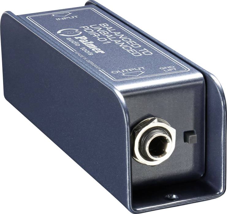 Blaue Audio-Konverterbox mit der Bezeichnung „Balanced to Unbalanced Pro-DI