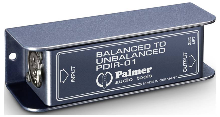 Blue Palmer Audio-Tools PDIR-01 passive Direct Box mit Eingangs- und Ausgangsbuchsen, beschriftet „Symmetrisch zu unsymmetrisch