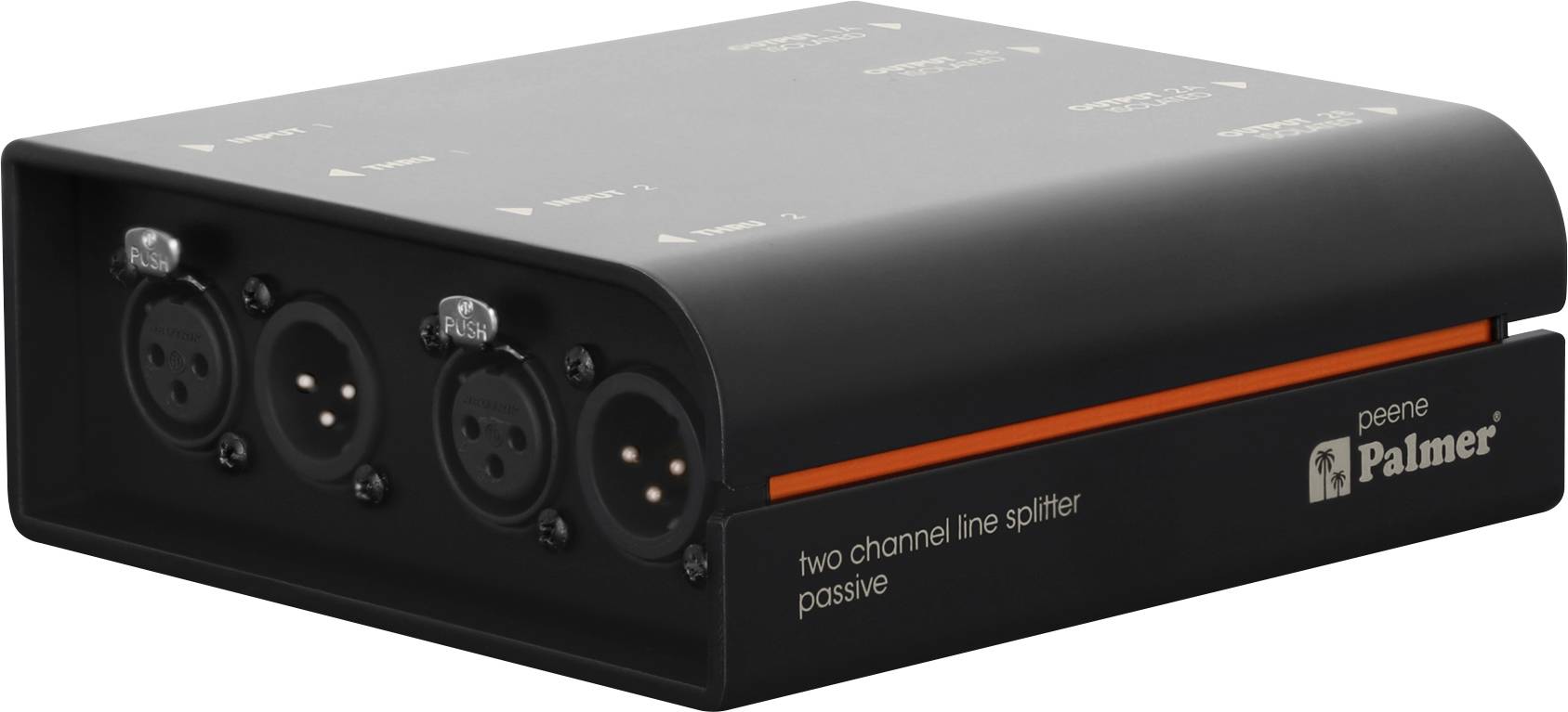 Schwarzer Peavey Palmer Zweikanal-Passivleitungsverteiler mit vier XLR-Anschlüssen und einem orangefarbigen Akzentstreifen auf weißem Hintergrund