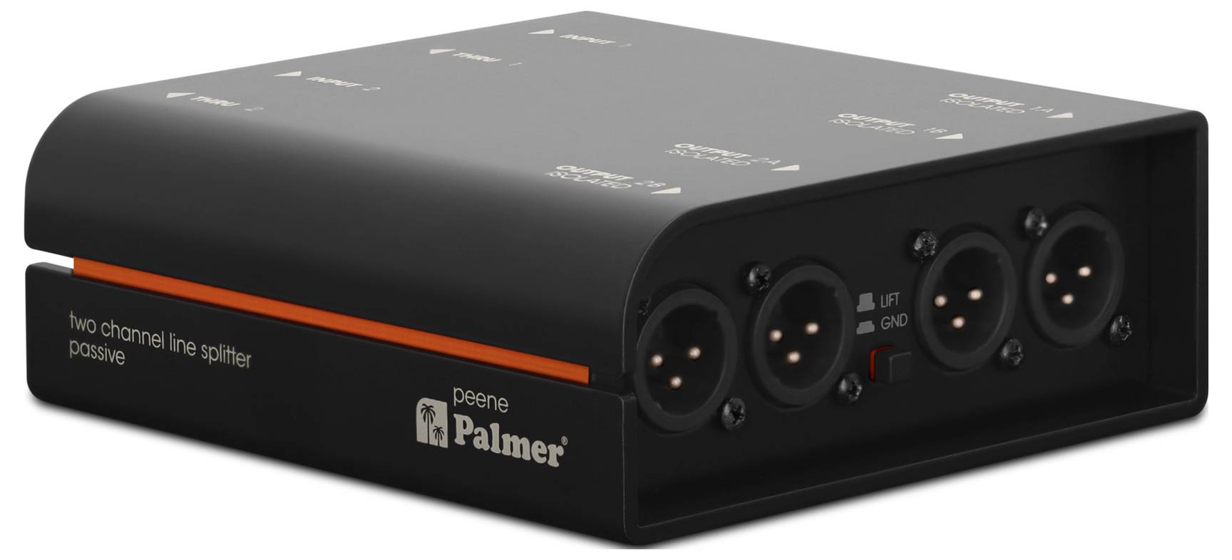 Blaue Audio-Schnittstellenbox mit vier XLR- und 1/4-Zoll-Ein-/Ausgangssteckern auf der Frontplatte und gedruckten Beschriftungen auf der Oberseite.