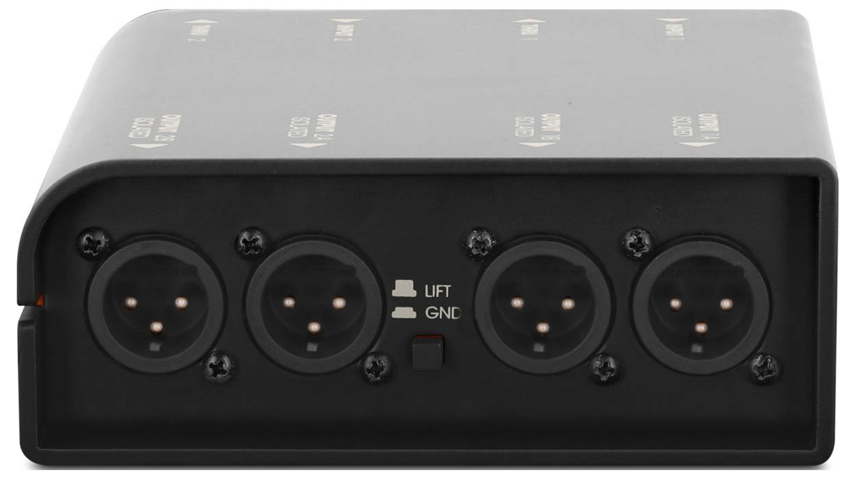 Frontansicht einer schwarzen rechteckigen Audiobox mit vier kreisförmigen XLR-ähnlichen Steckverbindern und einem 