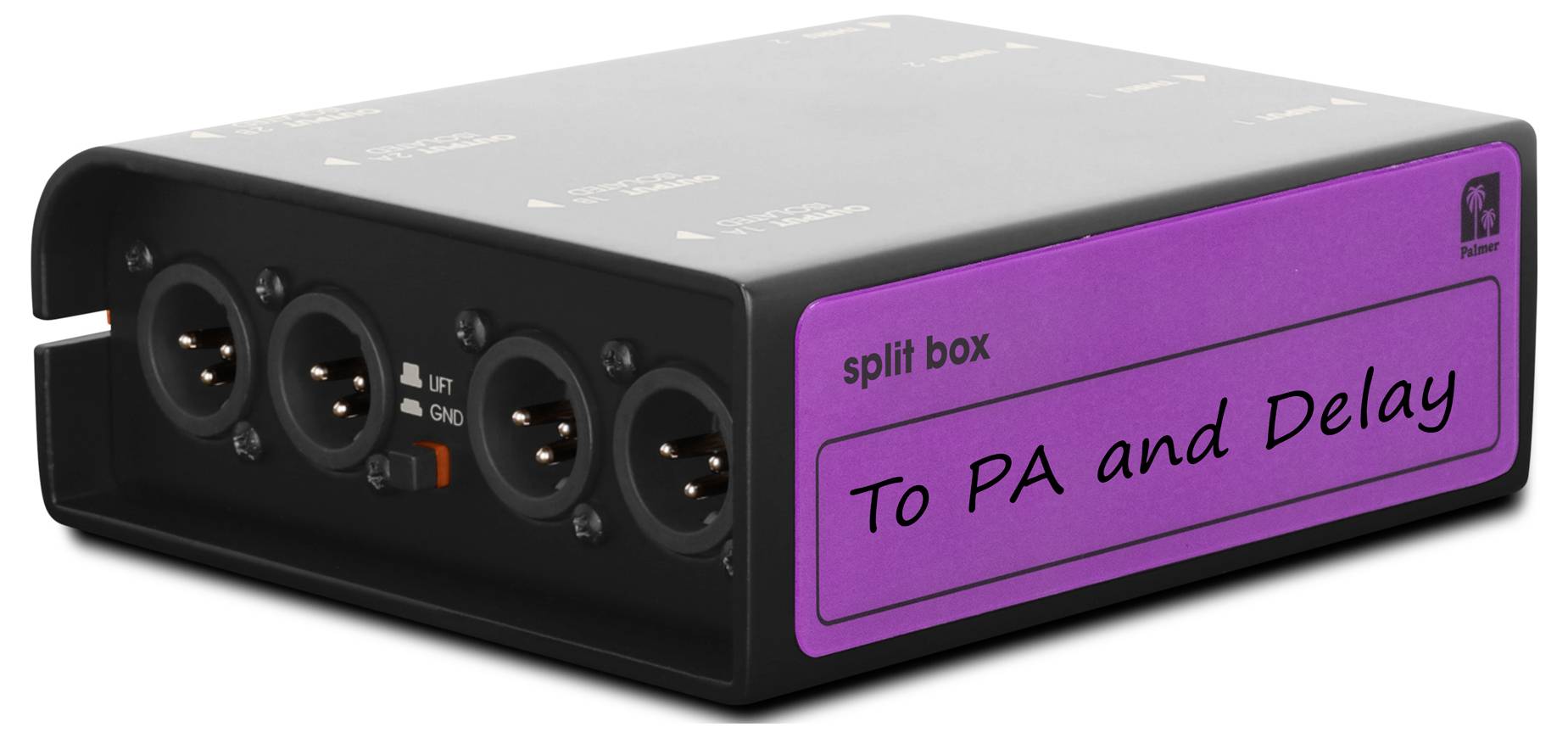 Schwarze Audio-Splitterbox mit vier XLR-Steckverbindungen und violettem Etikett mit der Aufschrift „Splitterbox